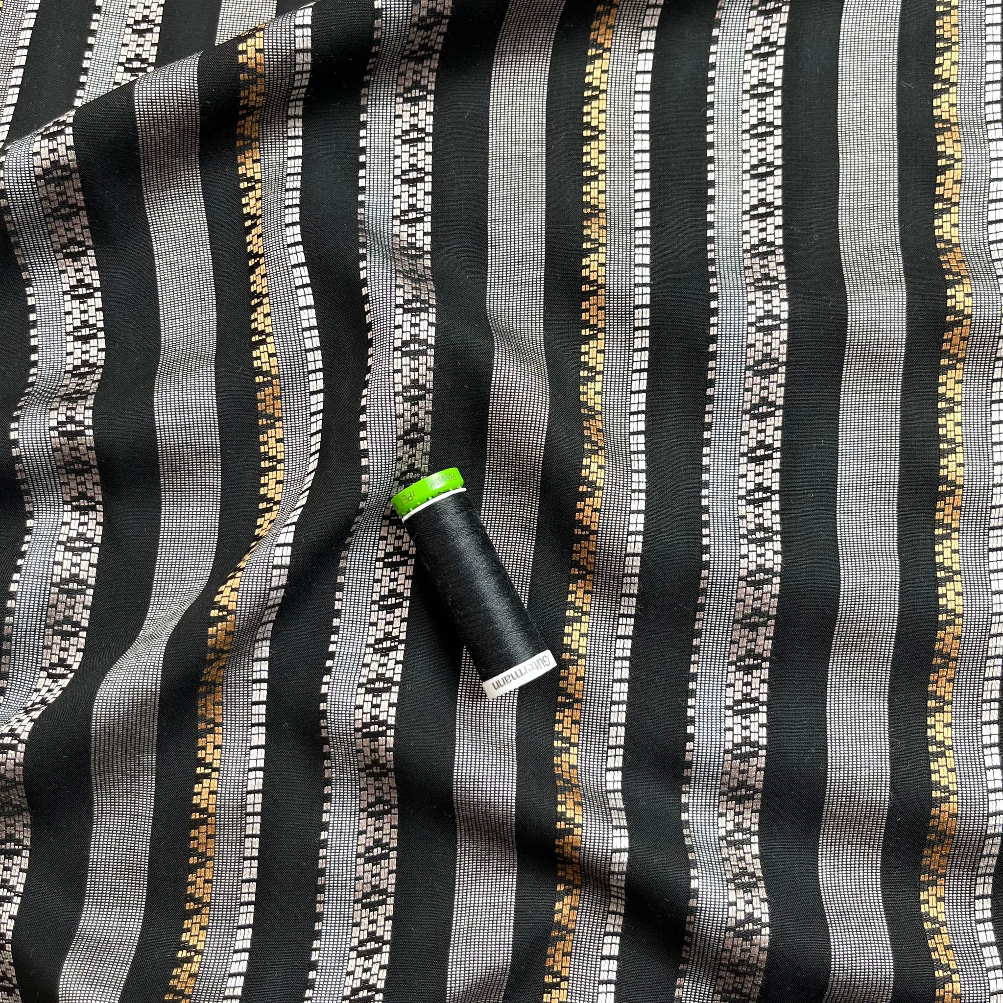 REMNANT 0.28 Metres - Yarn Dyed Embroidered Stripes on Black Viscose Fabric