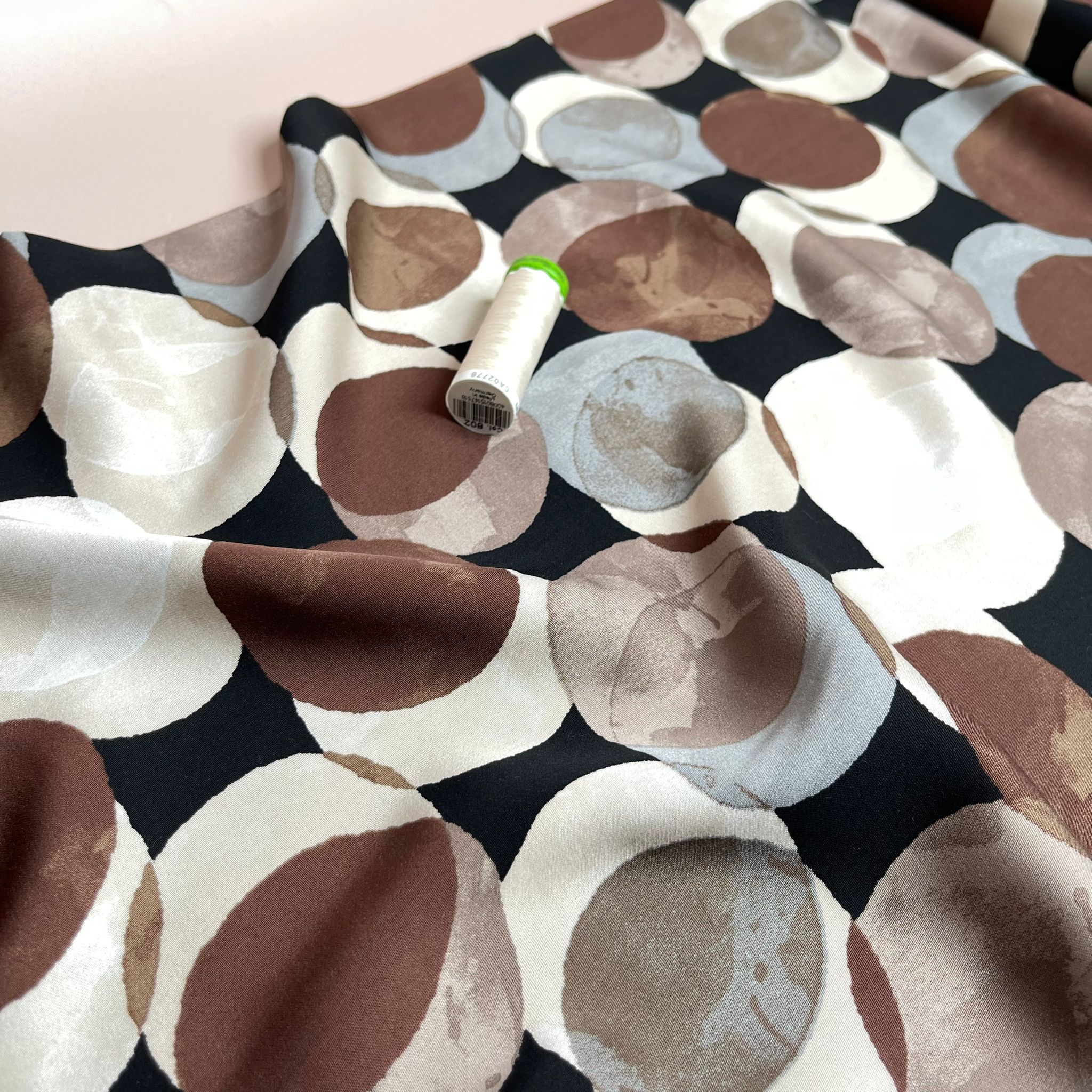 Watercolour Dots on Black Viscose Sateen Fabric