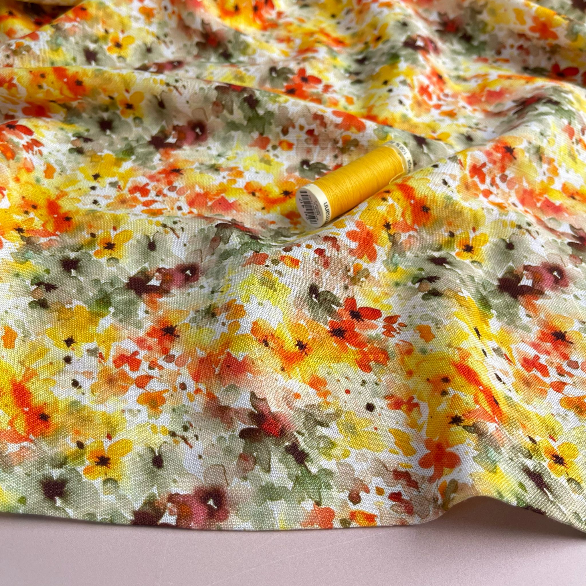 Golden Sunset Meadow Viscose Linen Fabric