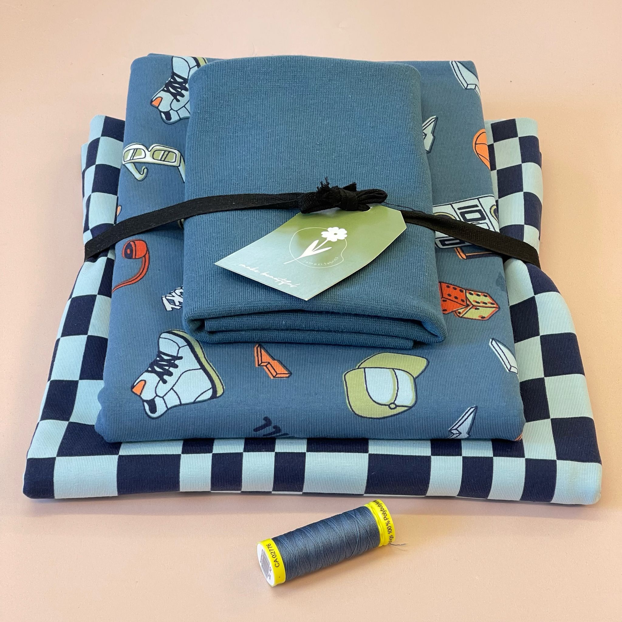 Checkers in Blue and Navy Cotton Jersey Fabric