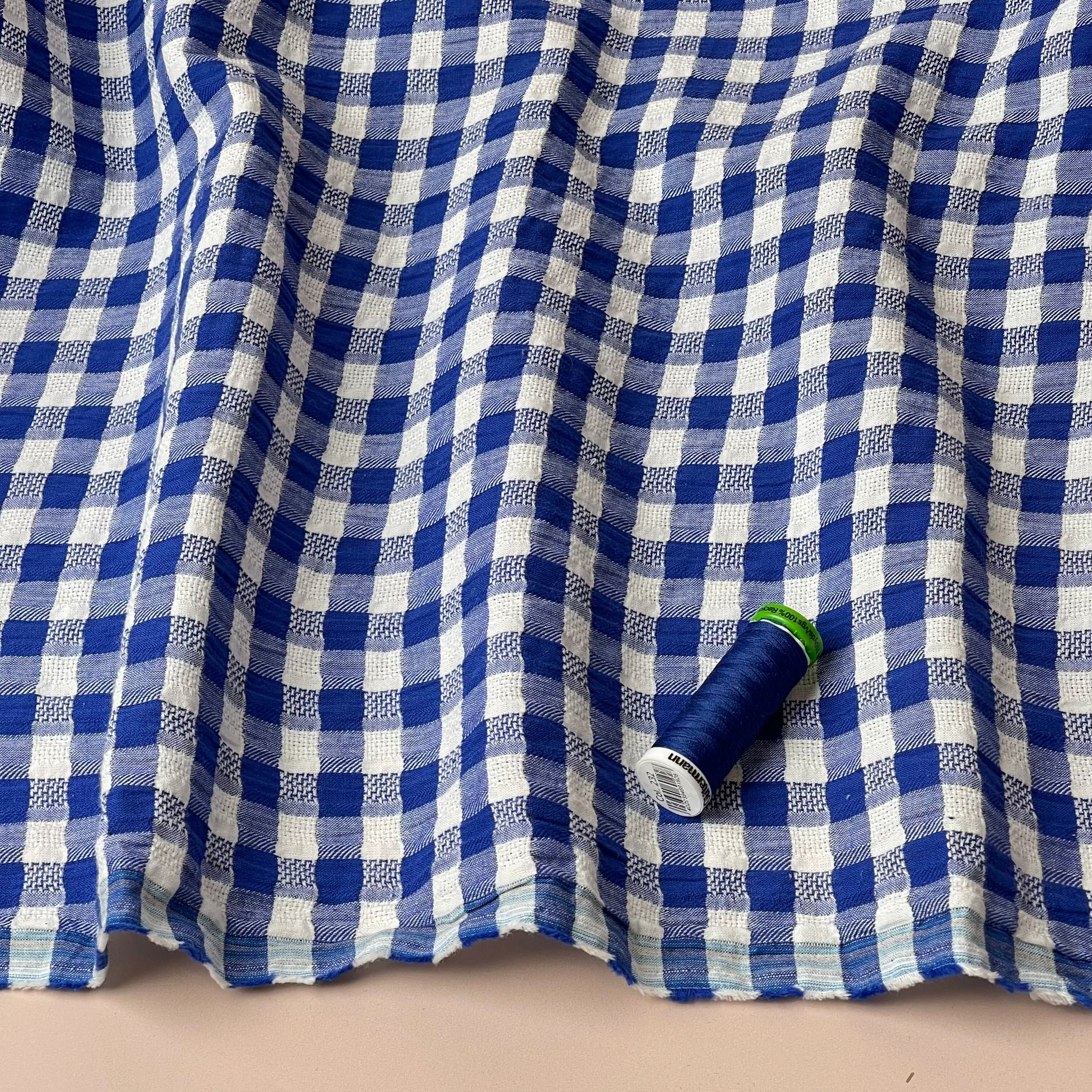 Blue Gingham Cotton Seersucker Fabric