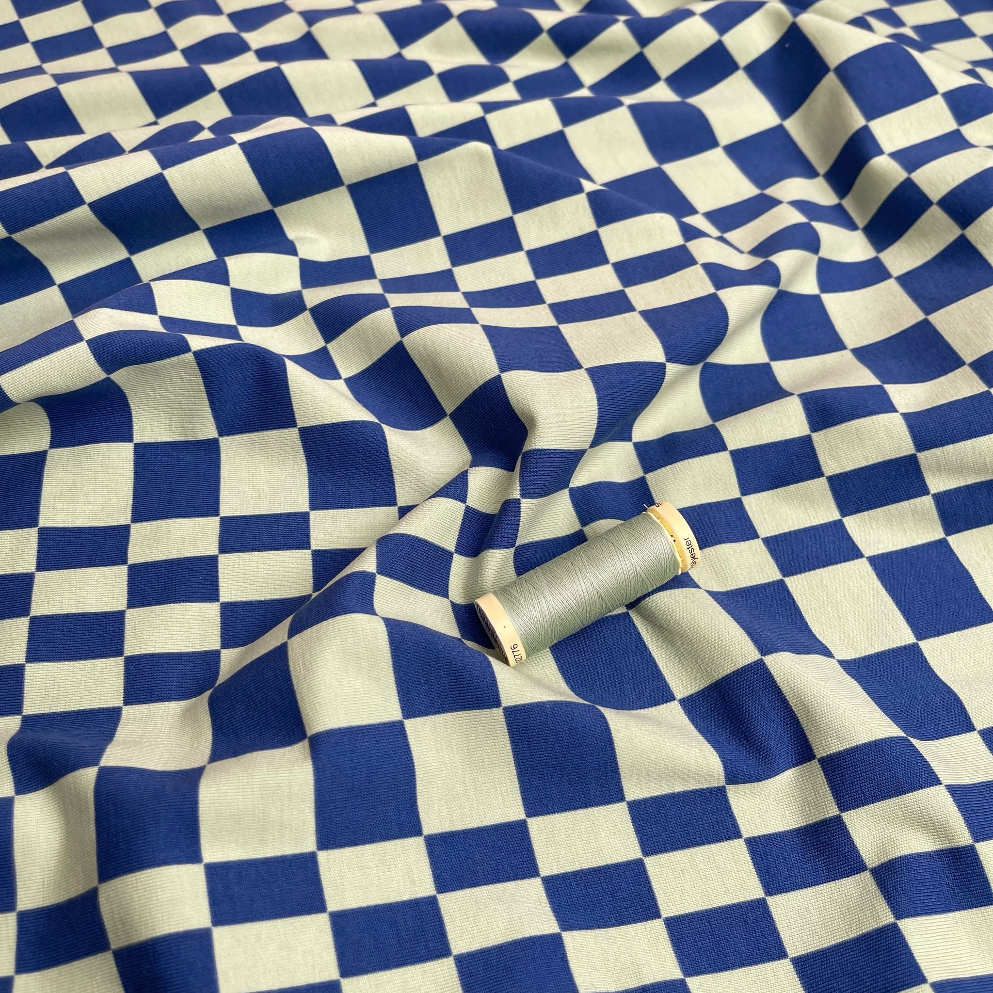 Checkers in Blue and Lime Green Cotton Jersey Fabric