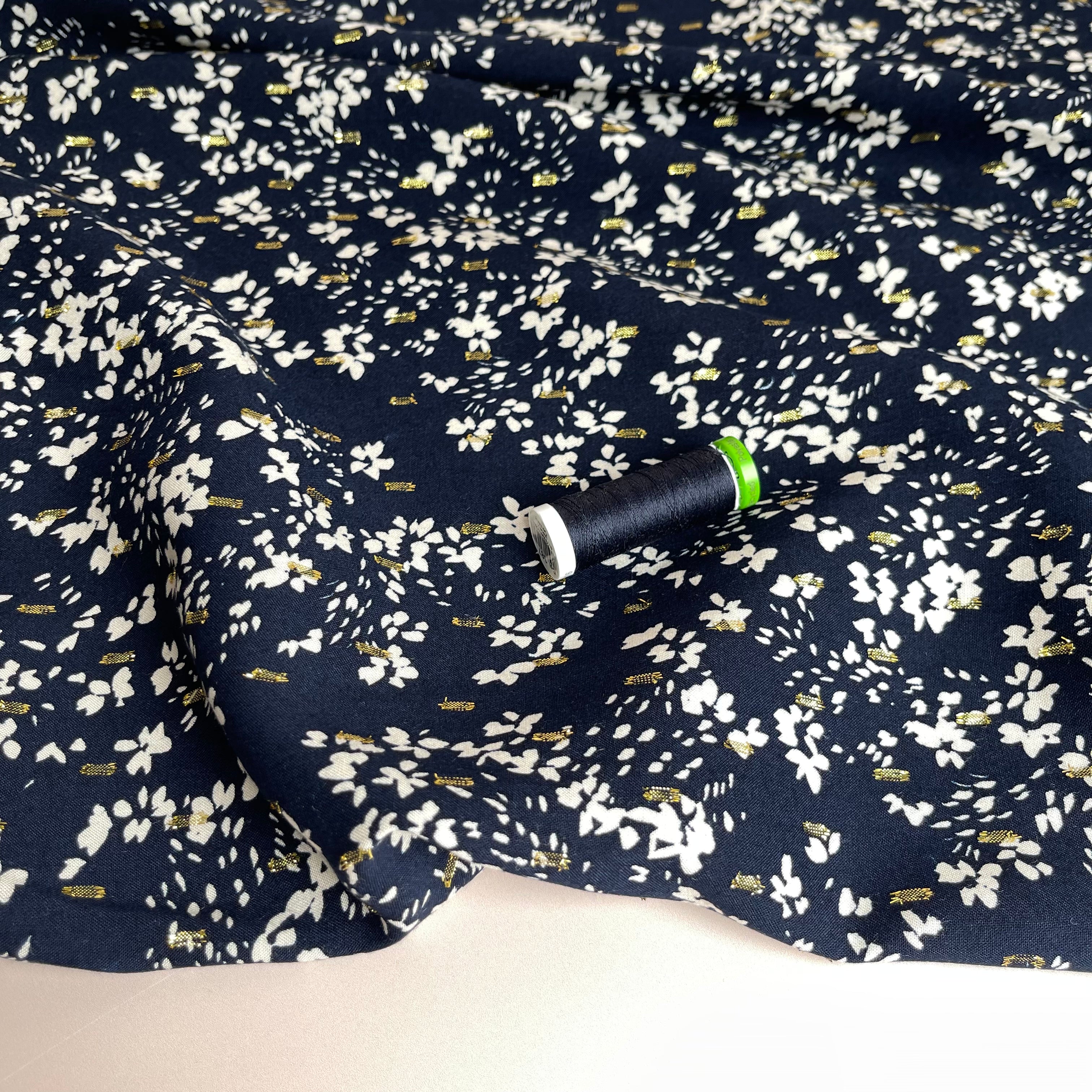 Sparkle Flowers on Dark Navy Viscose Fabric