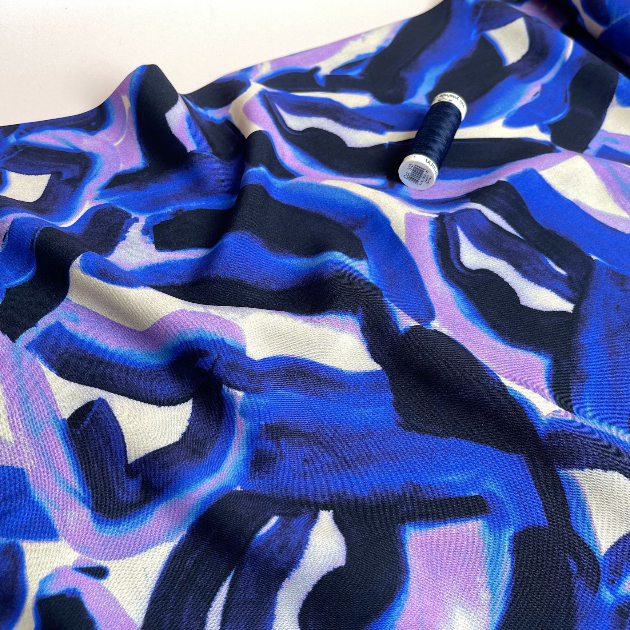 REMNANT 0.9 Metre (pulled stitch and area with dye missing ) Abstract Navy and Lilac Viscose Fabric