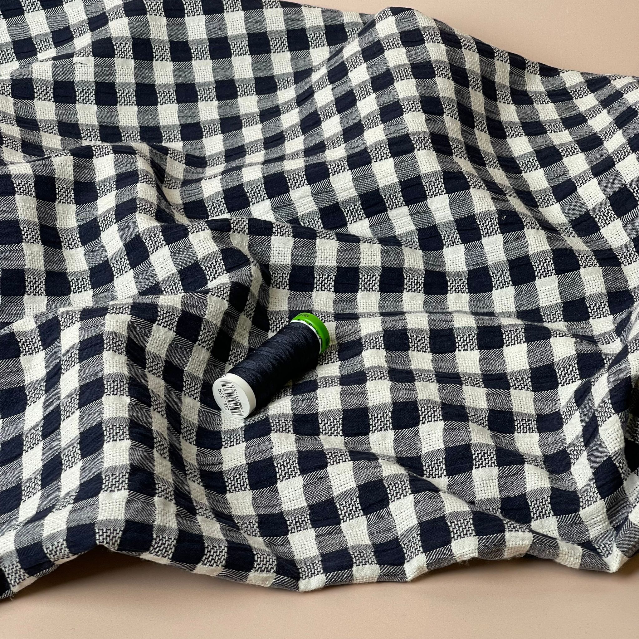 Navy Gingham Cotton Seersucker Fabric