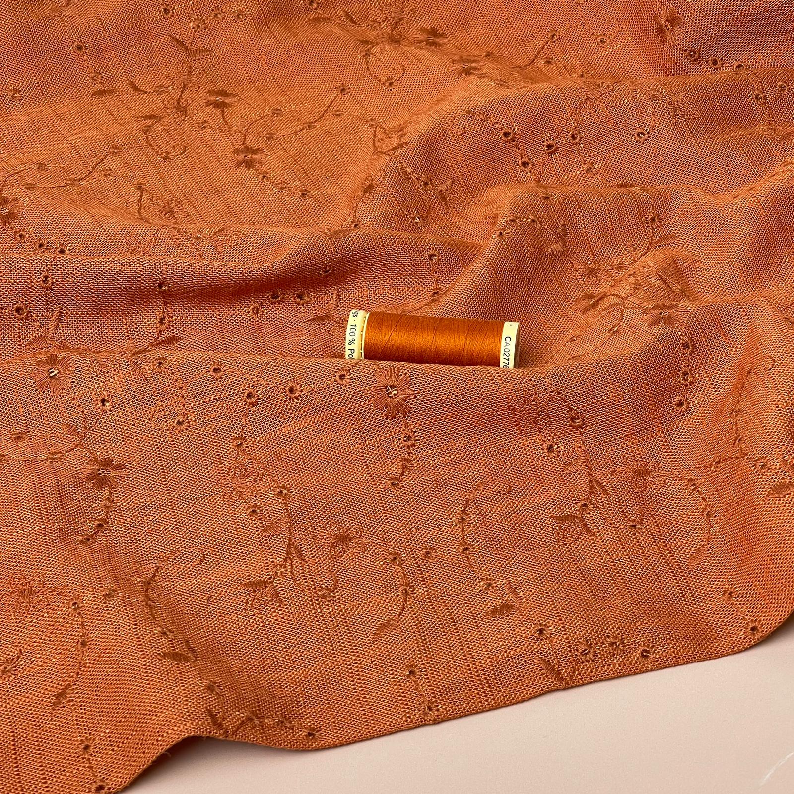 REMNANT 1.09 Metres - Floral Vines on Rust Embroidered Viscose Linen Fabric