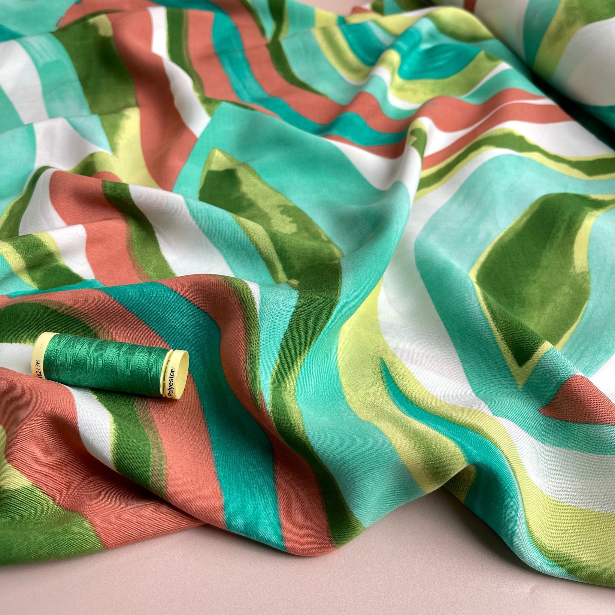 Abstract Waves Green Viscose Poplin Fabric