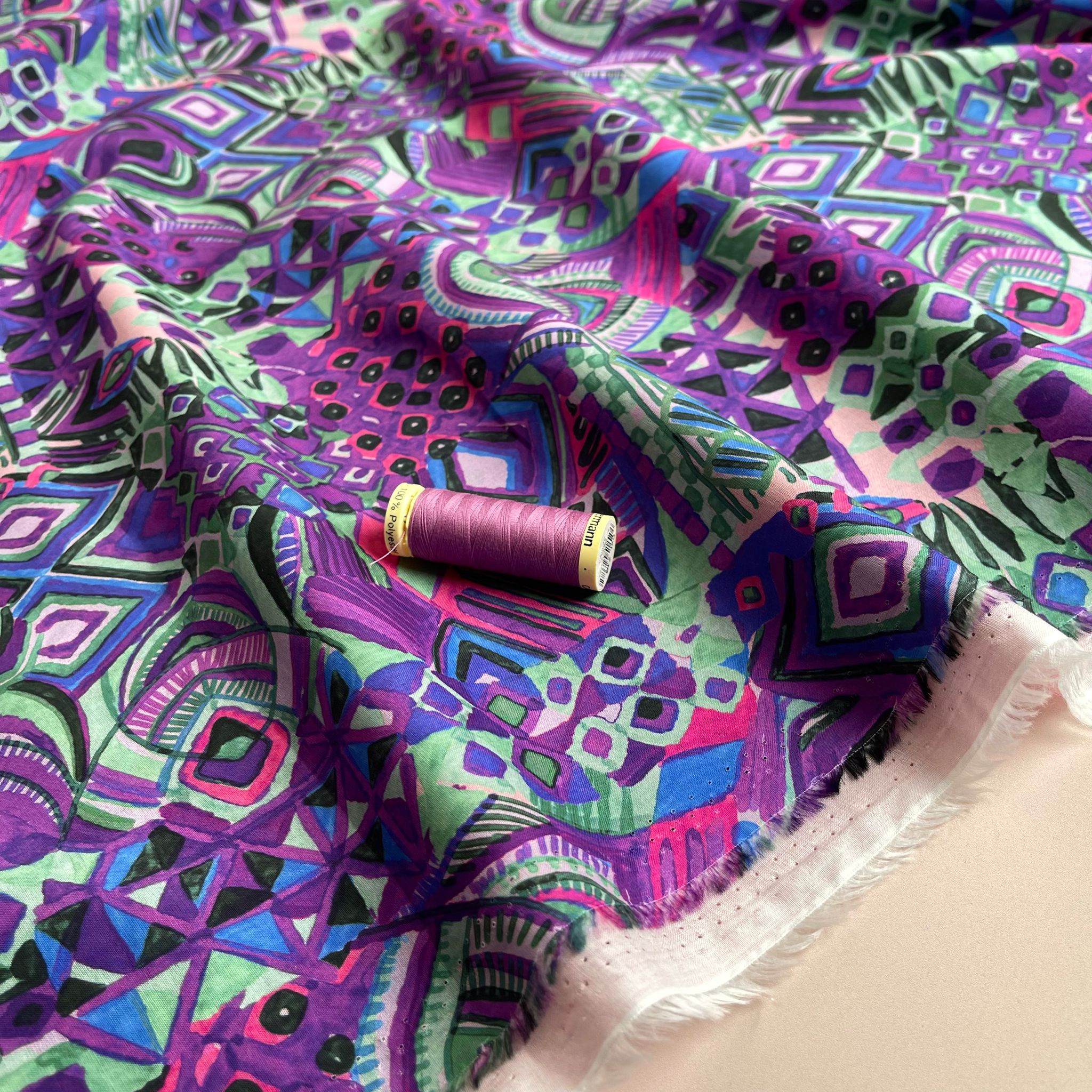 REMNANT 0.64 Metre - Painted Purple Aztec Cotton Voile Fabric