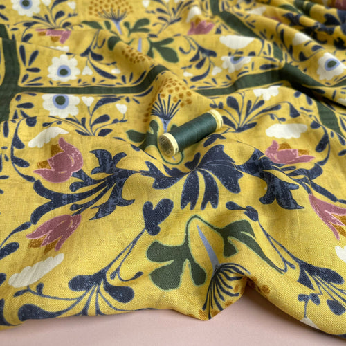 Ex-Designer Deadstock Floral Squares on Yellow Linen and Viscose Blend Fabric