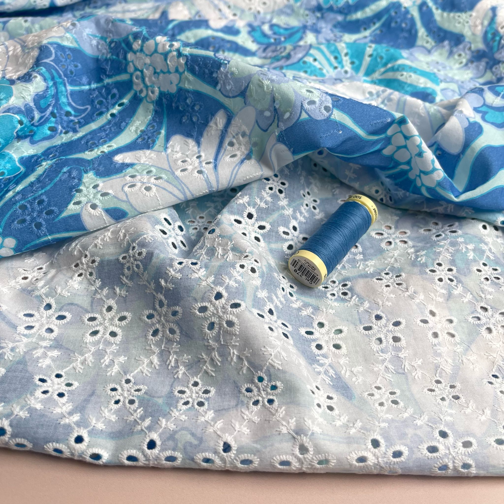 Aqua Flowers Cotton Broderie Anglaise