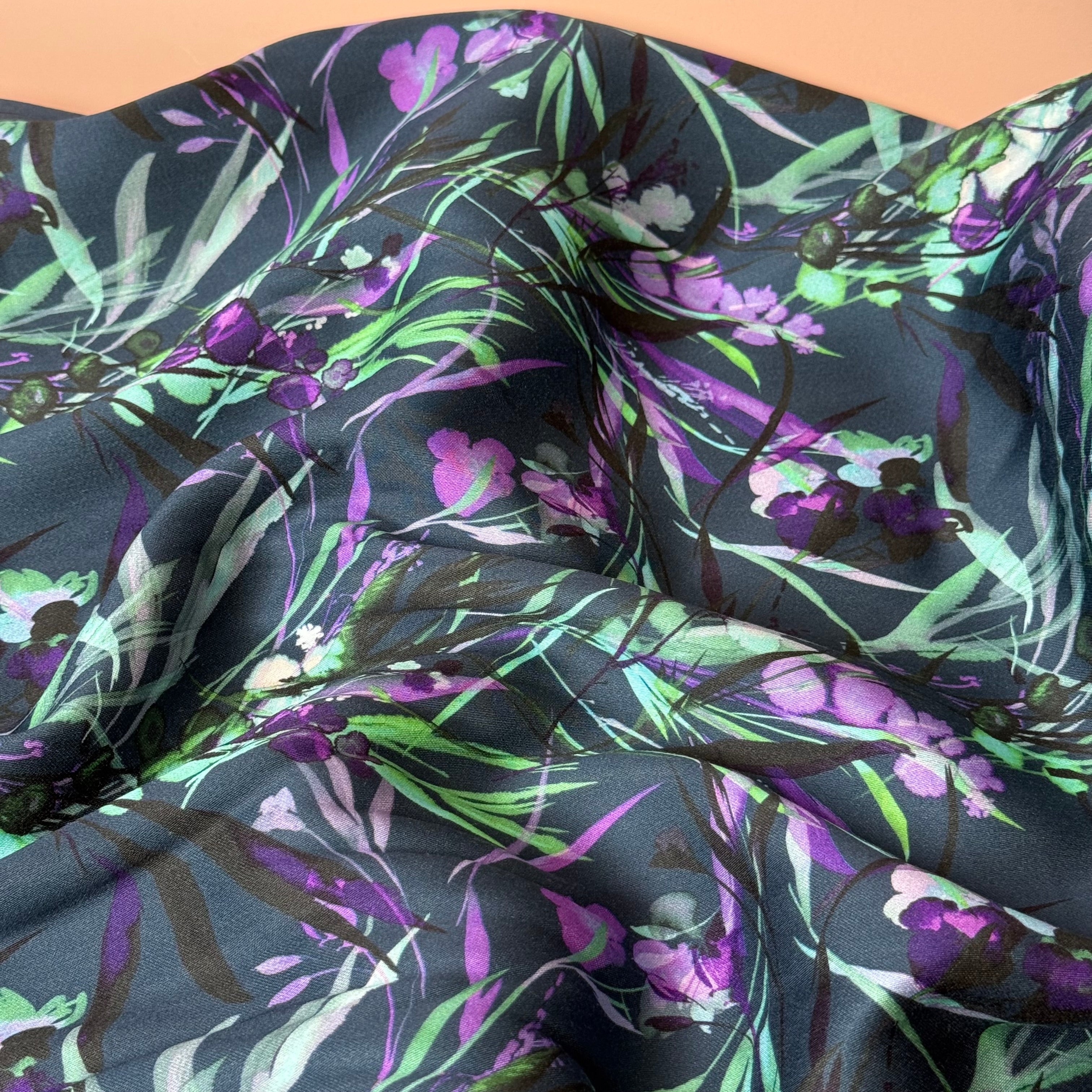Autumn Foliage Petrol Blue Viscose Sateen Fabric
