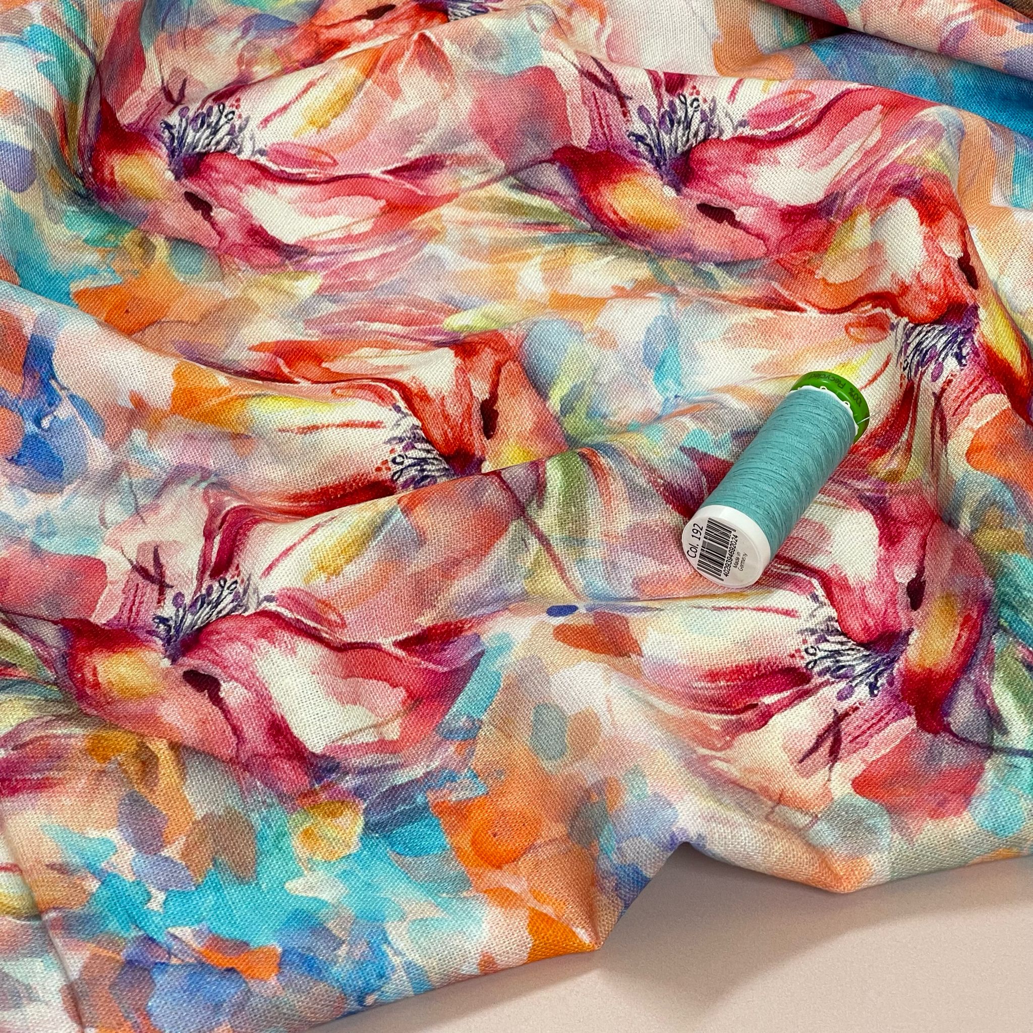 Watercolour Lily Bouquet Viscose Linen Fabric