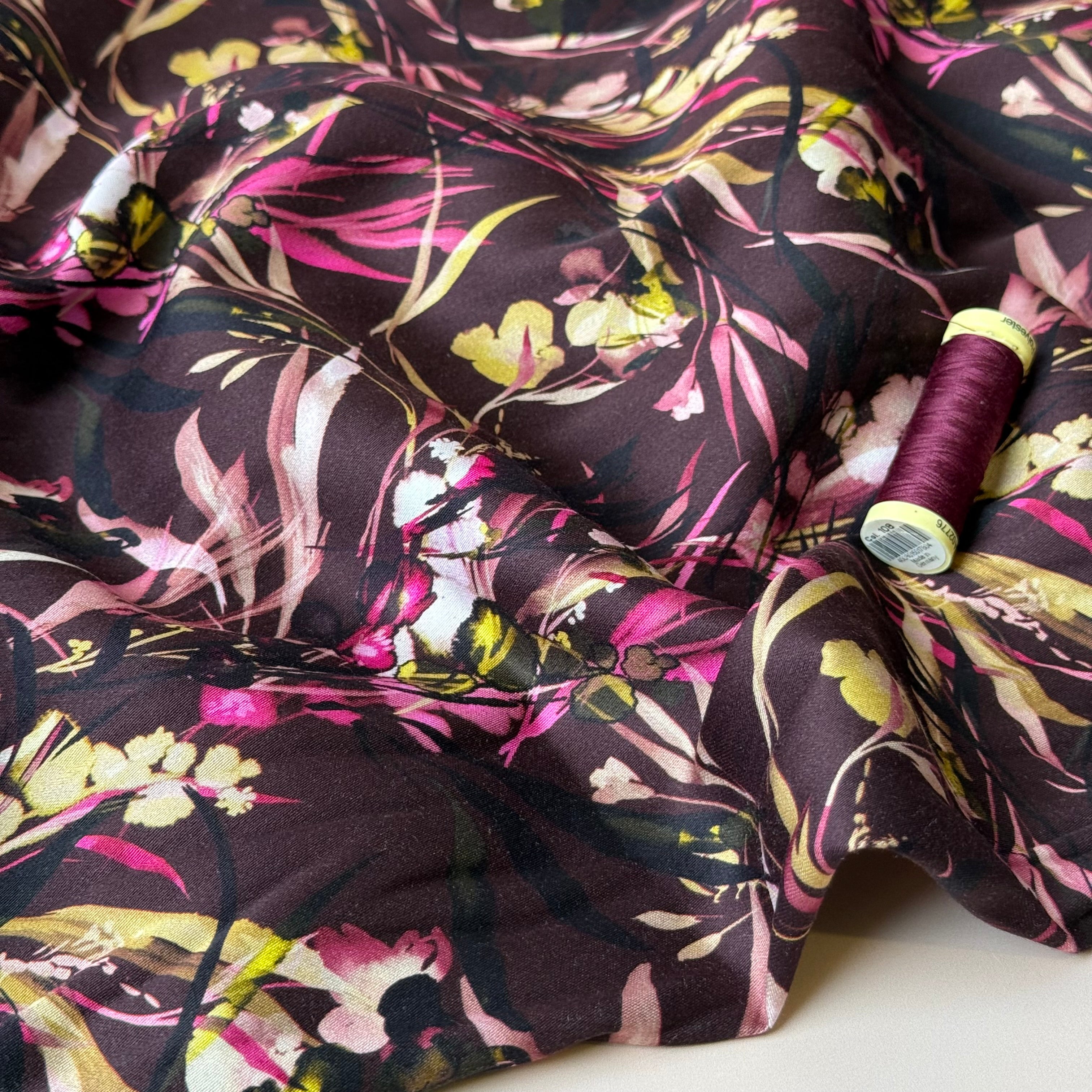 Autumn Foliage Aubergine Viscose Sateen Fabric