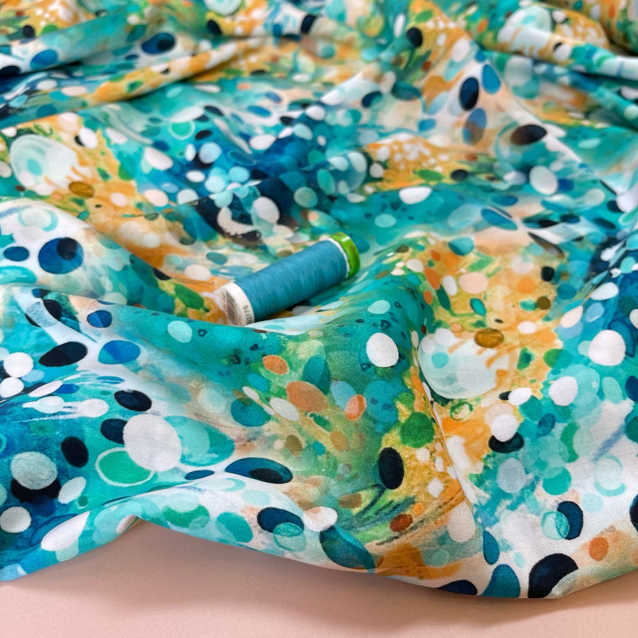Ocean Watercolour Drops Viscose Poplin Fabric