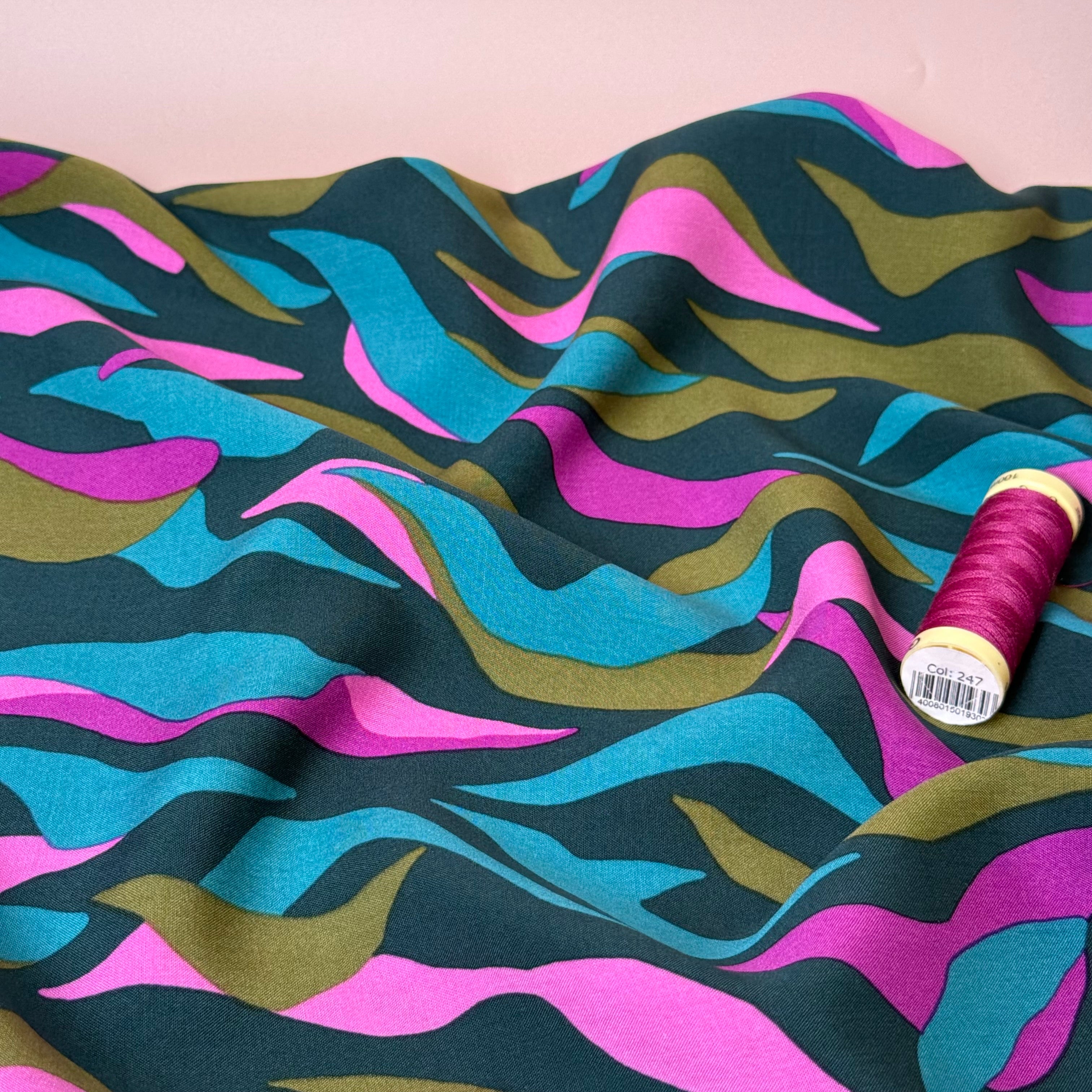 Abstract Waves Teal LENZING™ ECOVERO™ Viscose Fabric