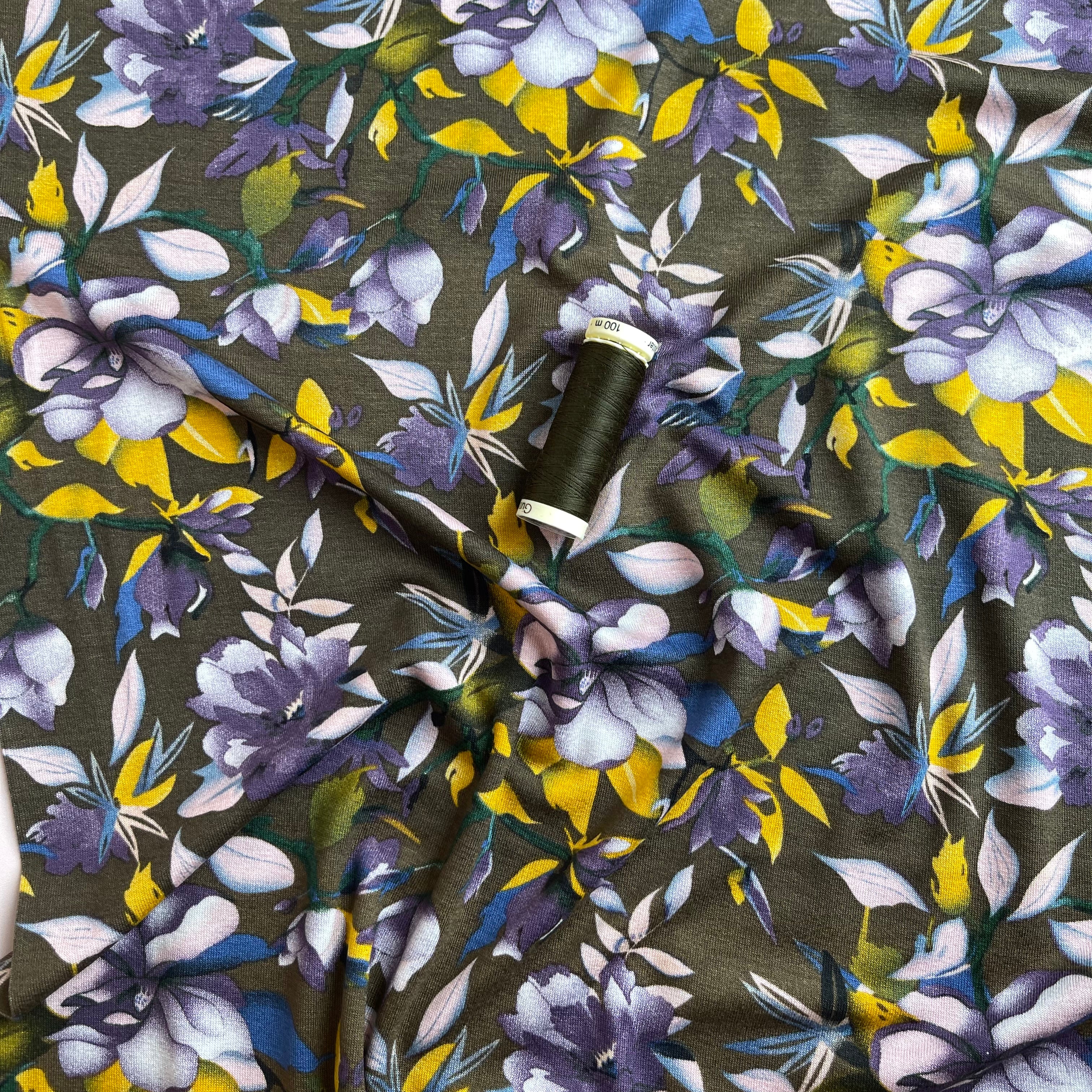 Purple Bouquet on Olive Viscose Jersey Fabric