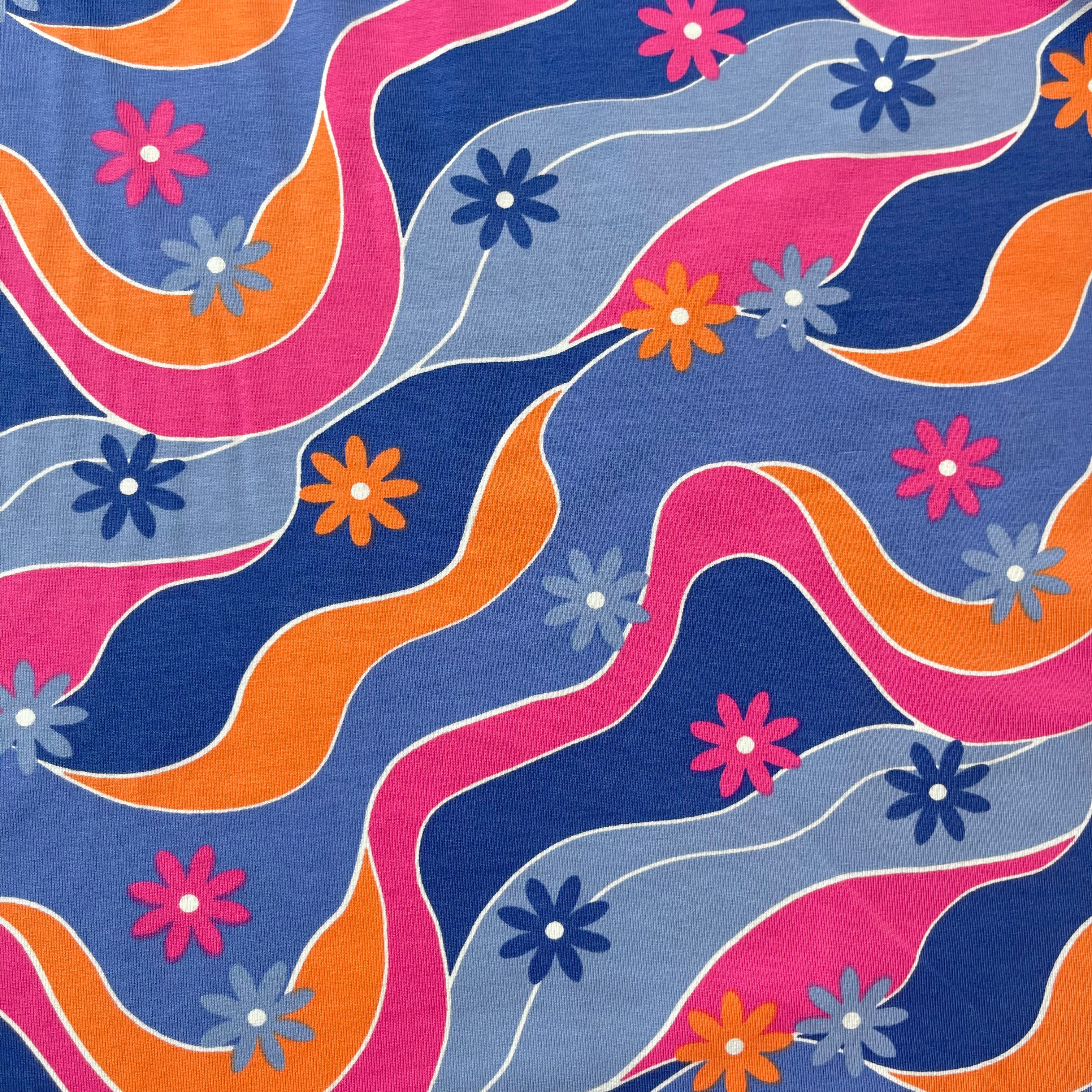 Retro Daisies on Blue Cotton Jersey Fabric