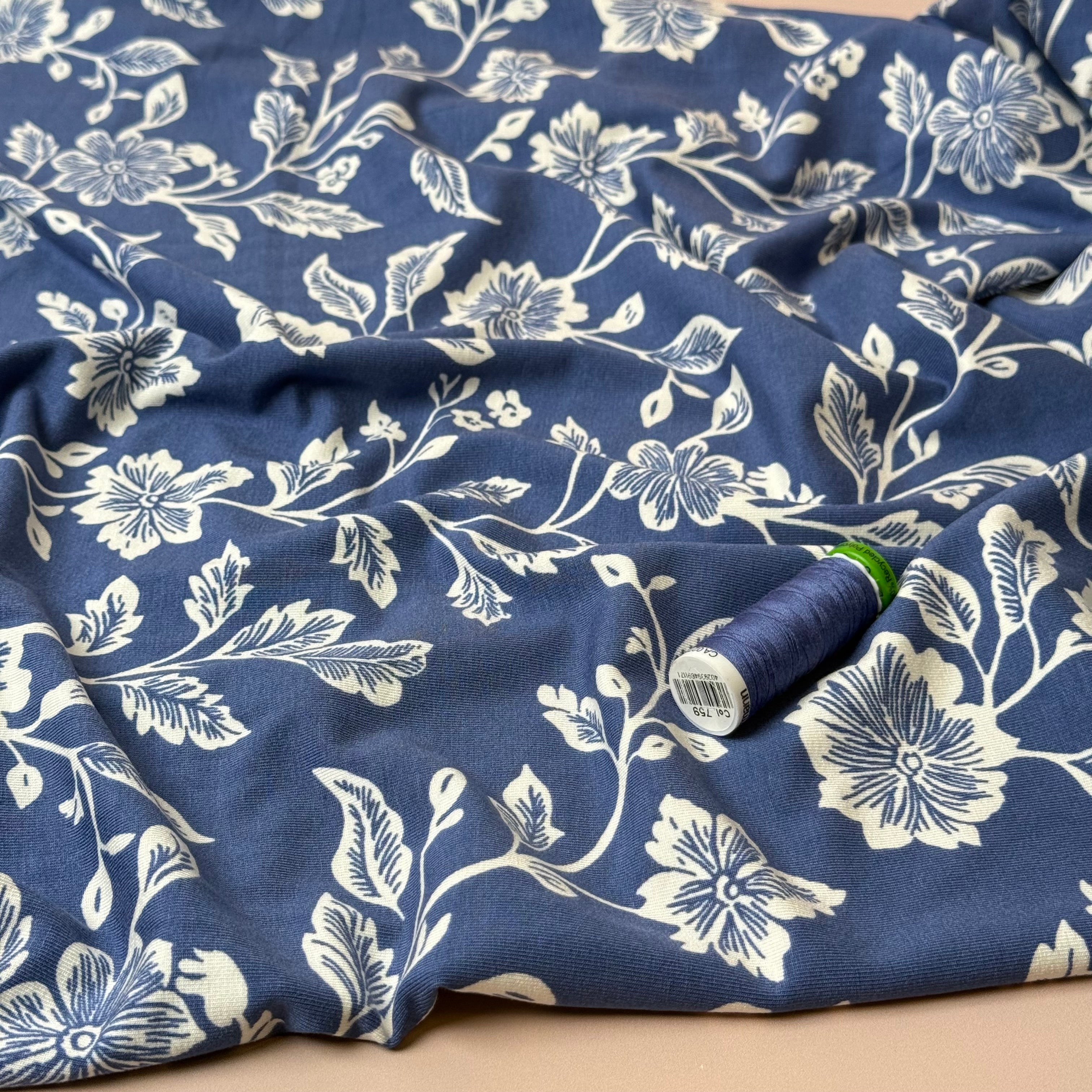 Flowers on Coastal Blue Viscose Jersey Fabric