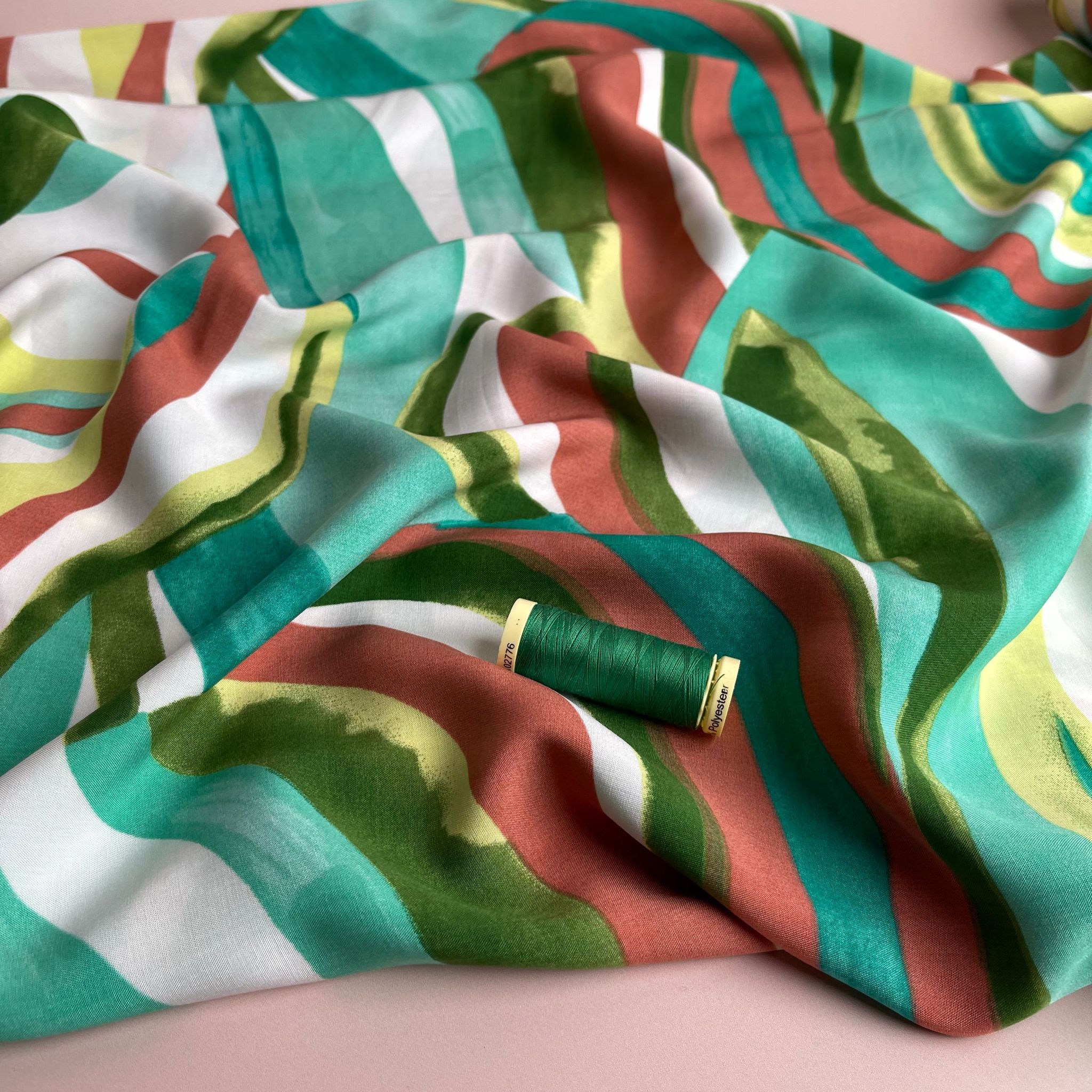 Abstract Waves Green Viscose Poplin Fabric