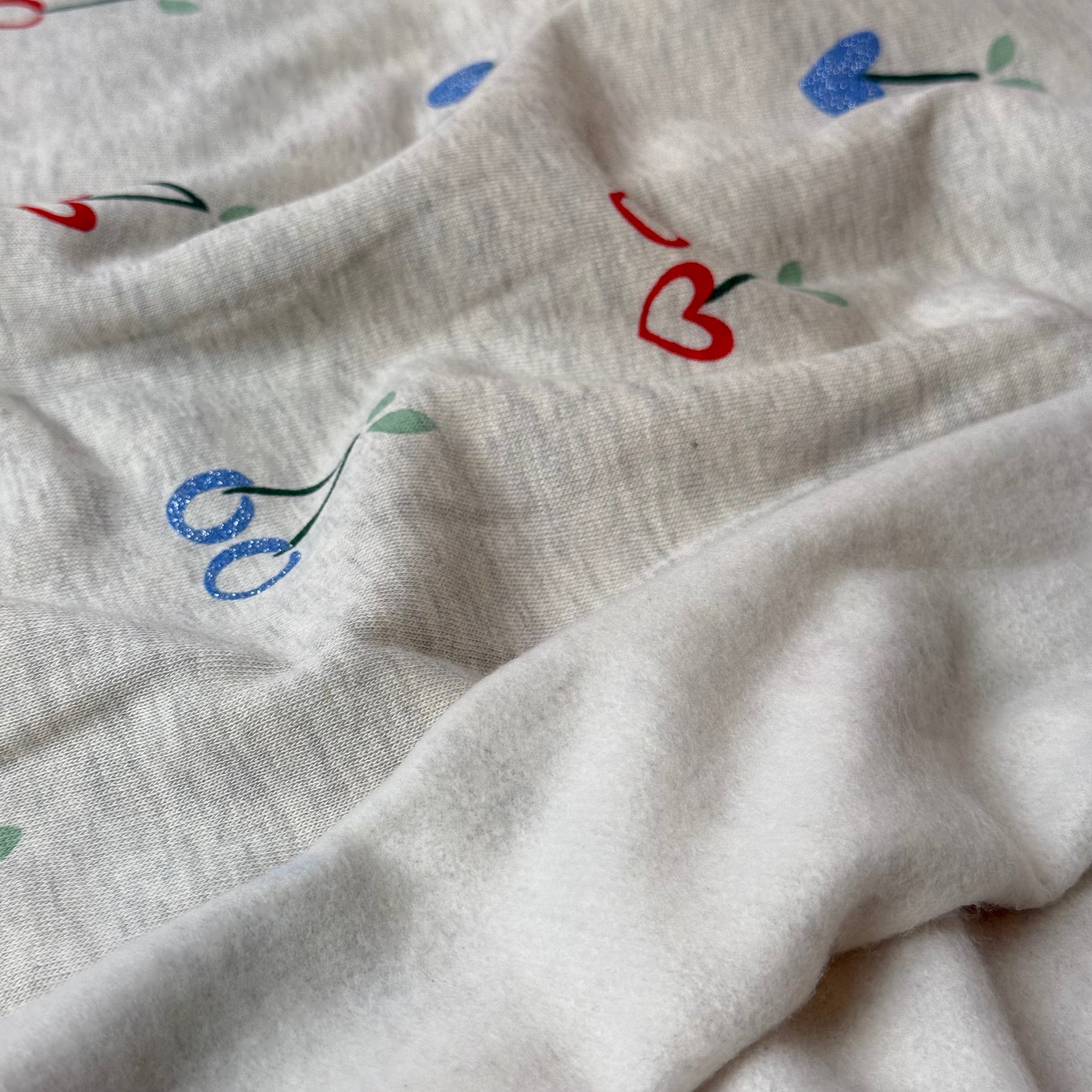 Glitter Cherries on Melange Ecru Cotton Sweat-shirting Fabric