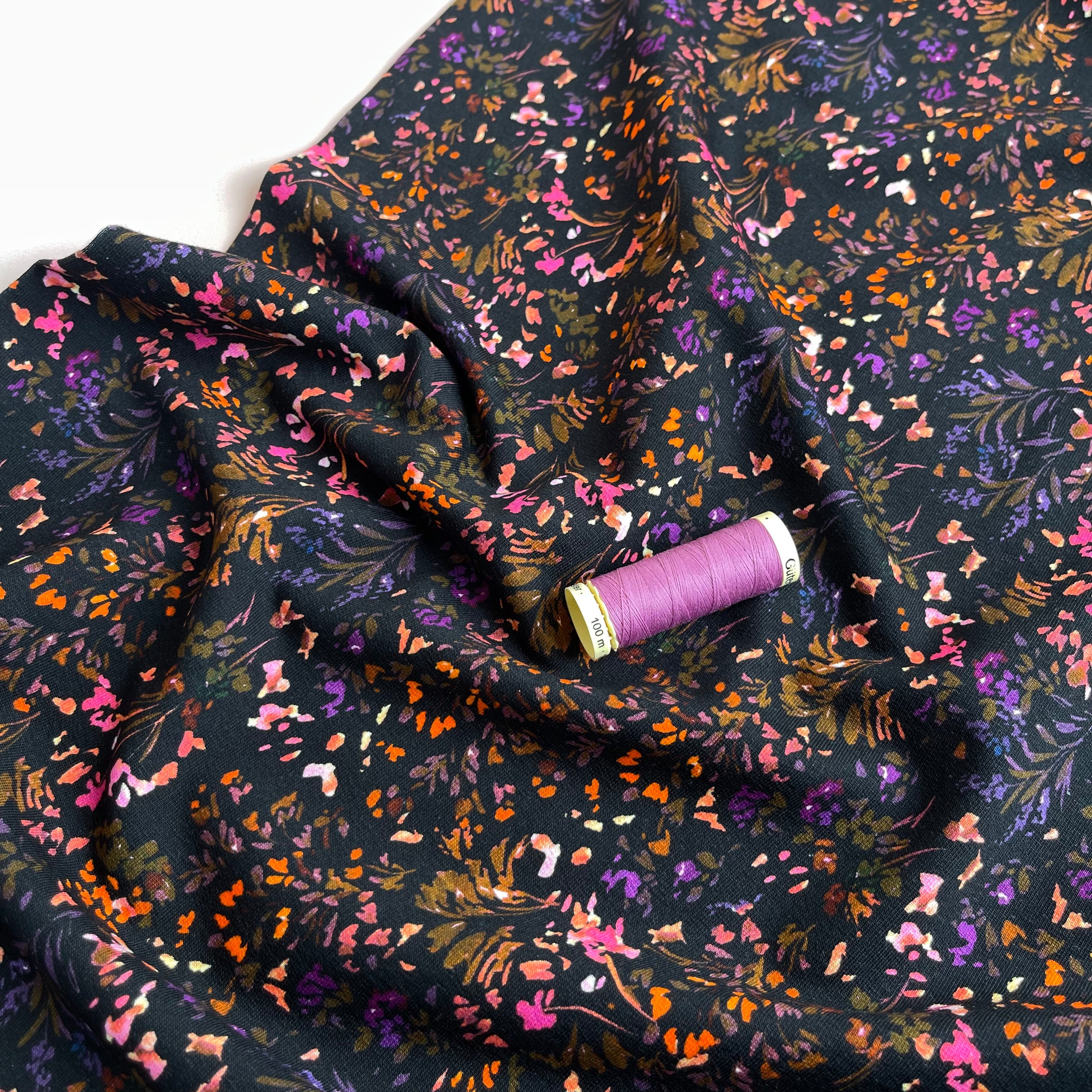 REMNANT 0.5 Metre - Small Flowers on Black Cotton French Terry