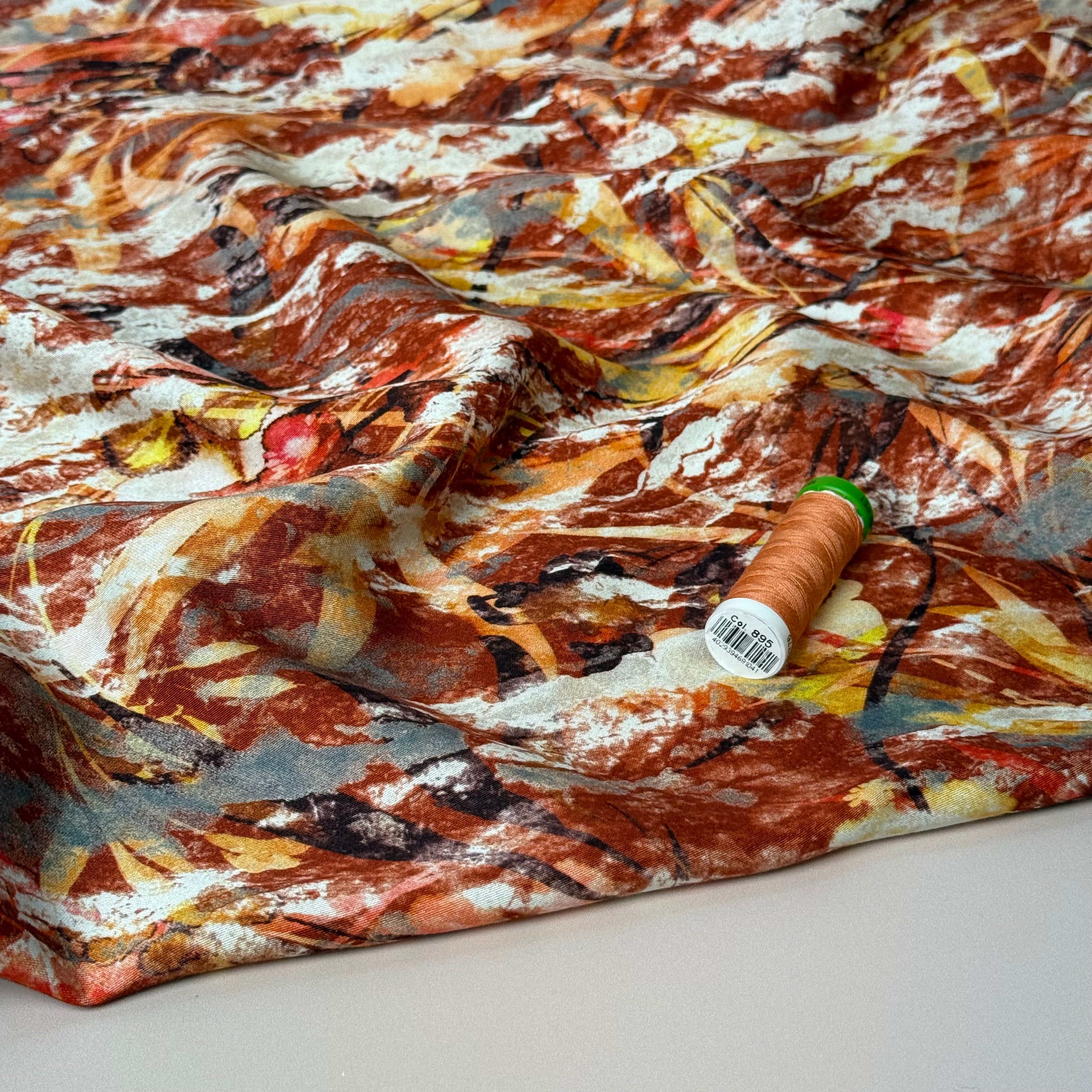 Autumn Foliage Terracotta Viscose Sateen Fabric
