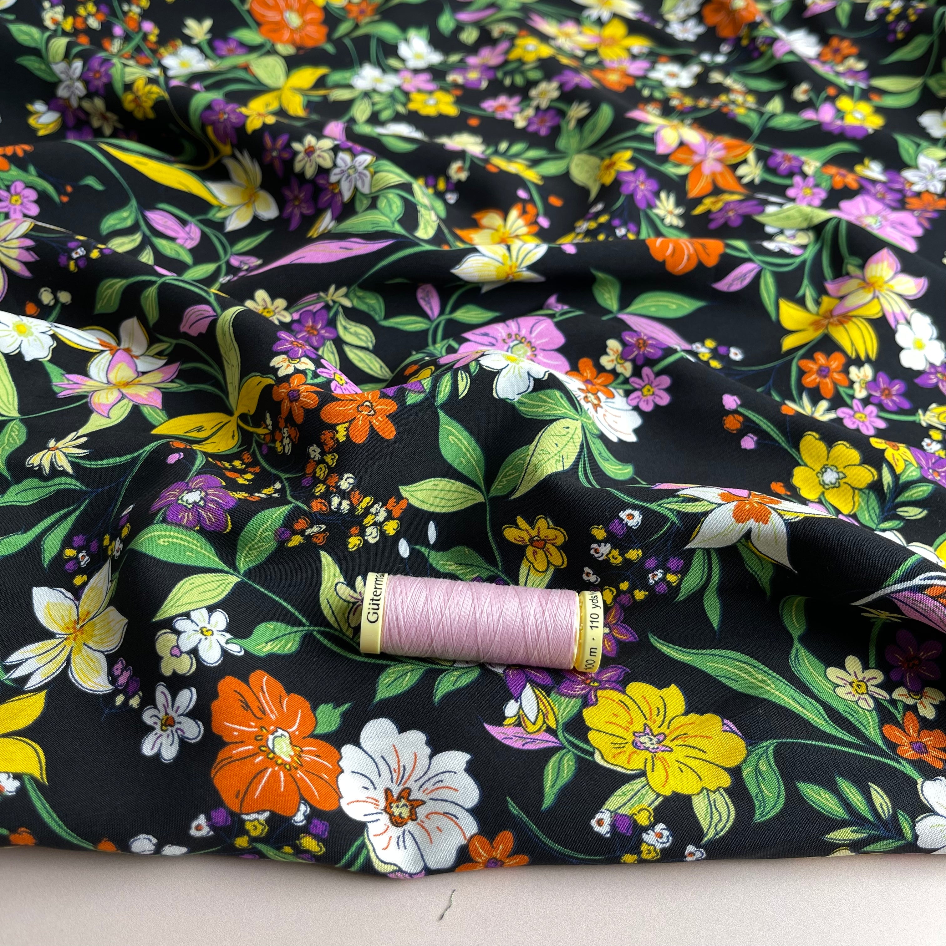 Autumn Flowers Black Viscose Poplin Fabric