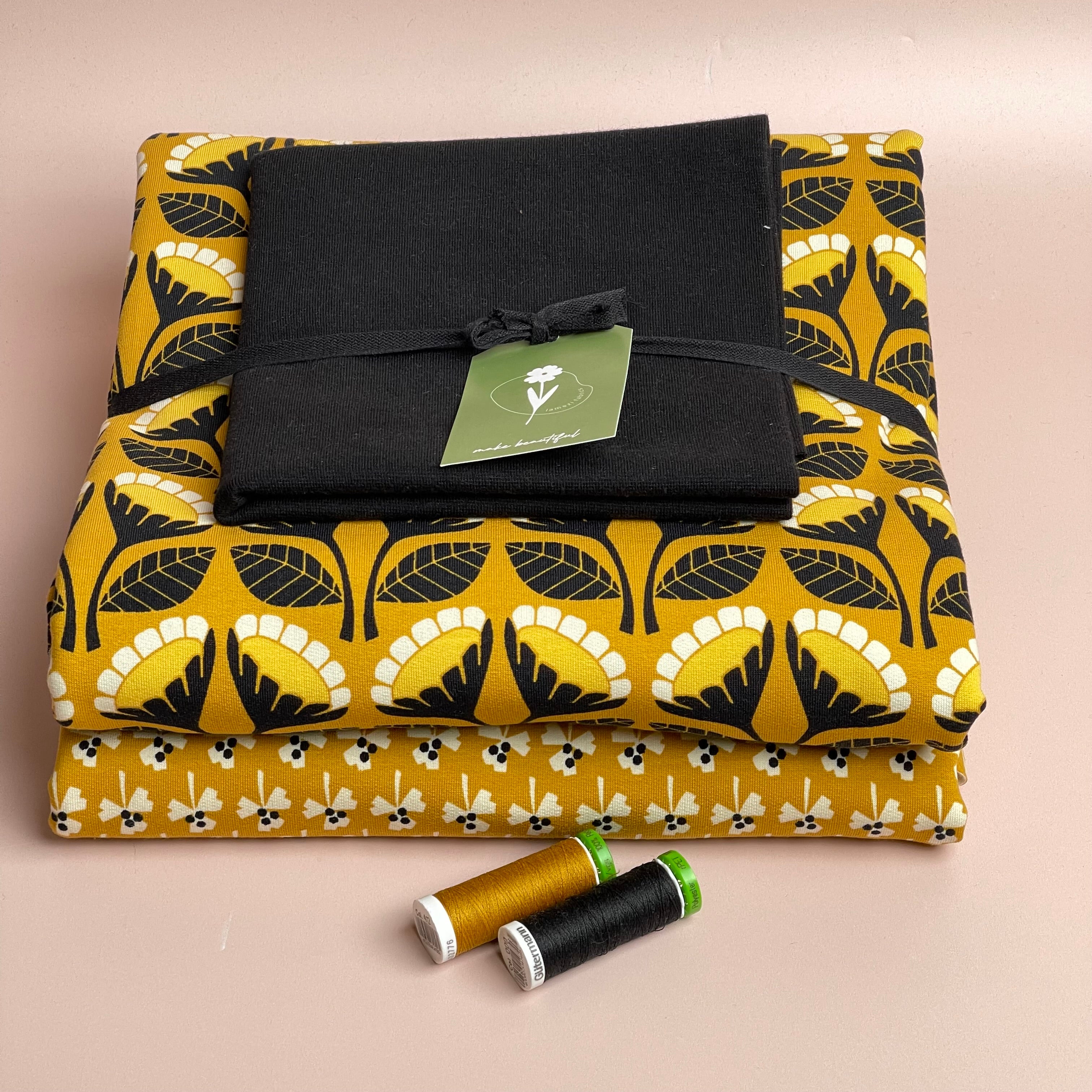 Colour Bundles - Monochrome Flowers Ochre & Black Cotton French Terry and Ribbing