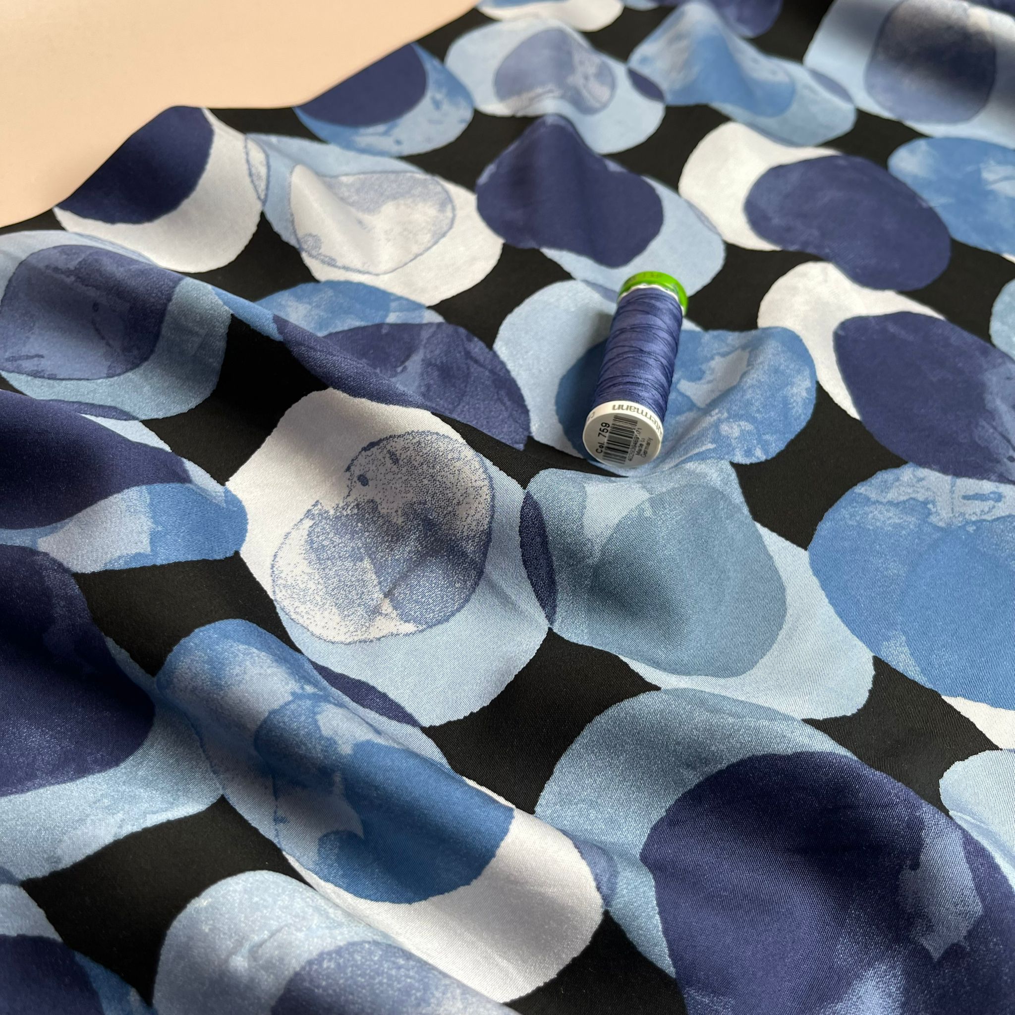 Watercolour Dots in Blue Viscose Sateen Fabric