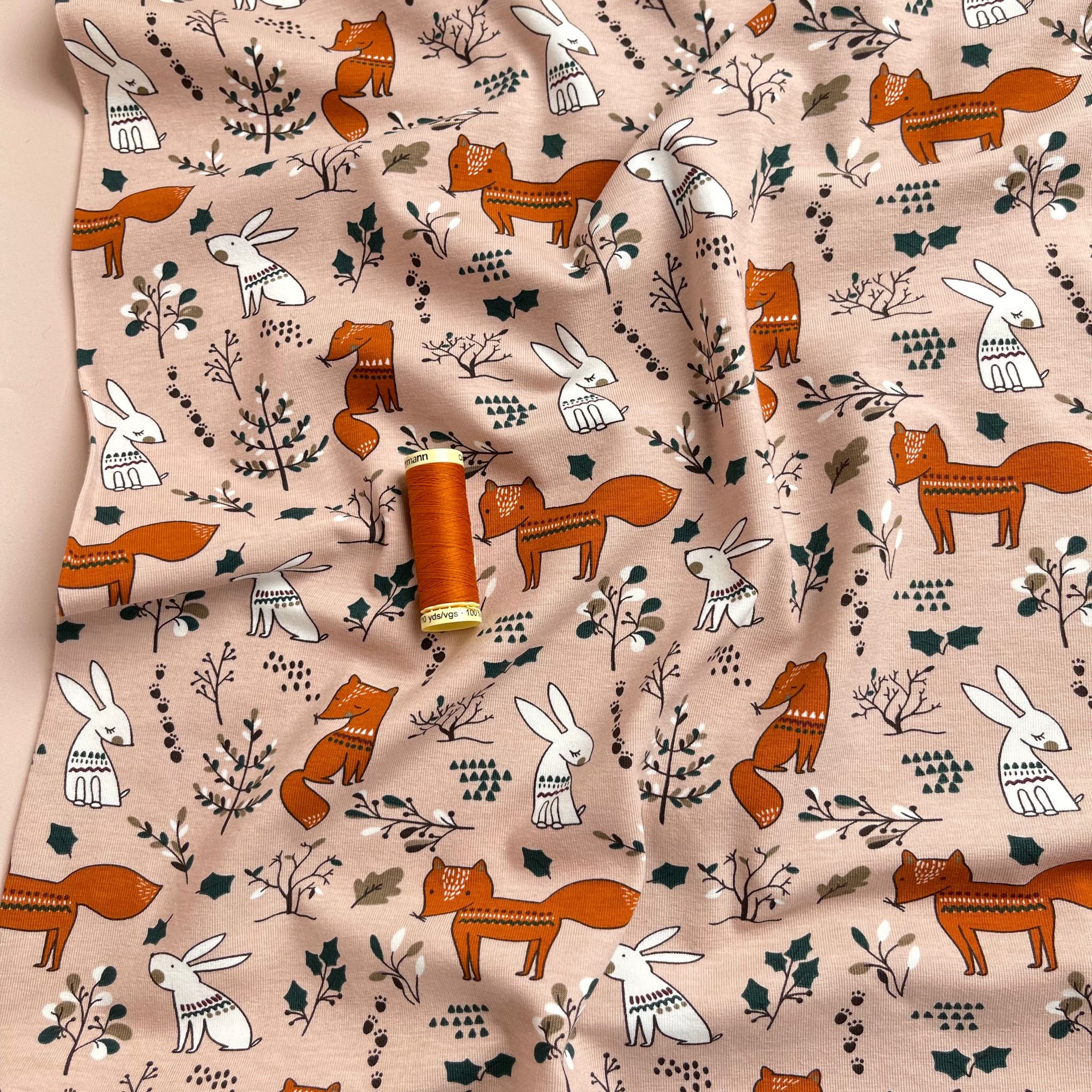 Foxes and Rabbits on Pink Cotton Jersey Fabric