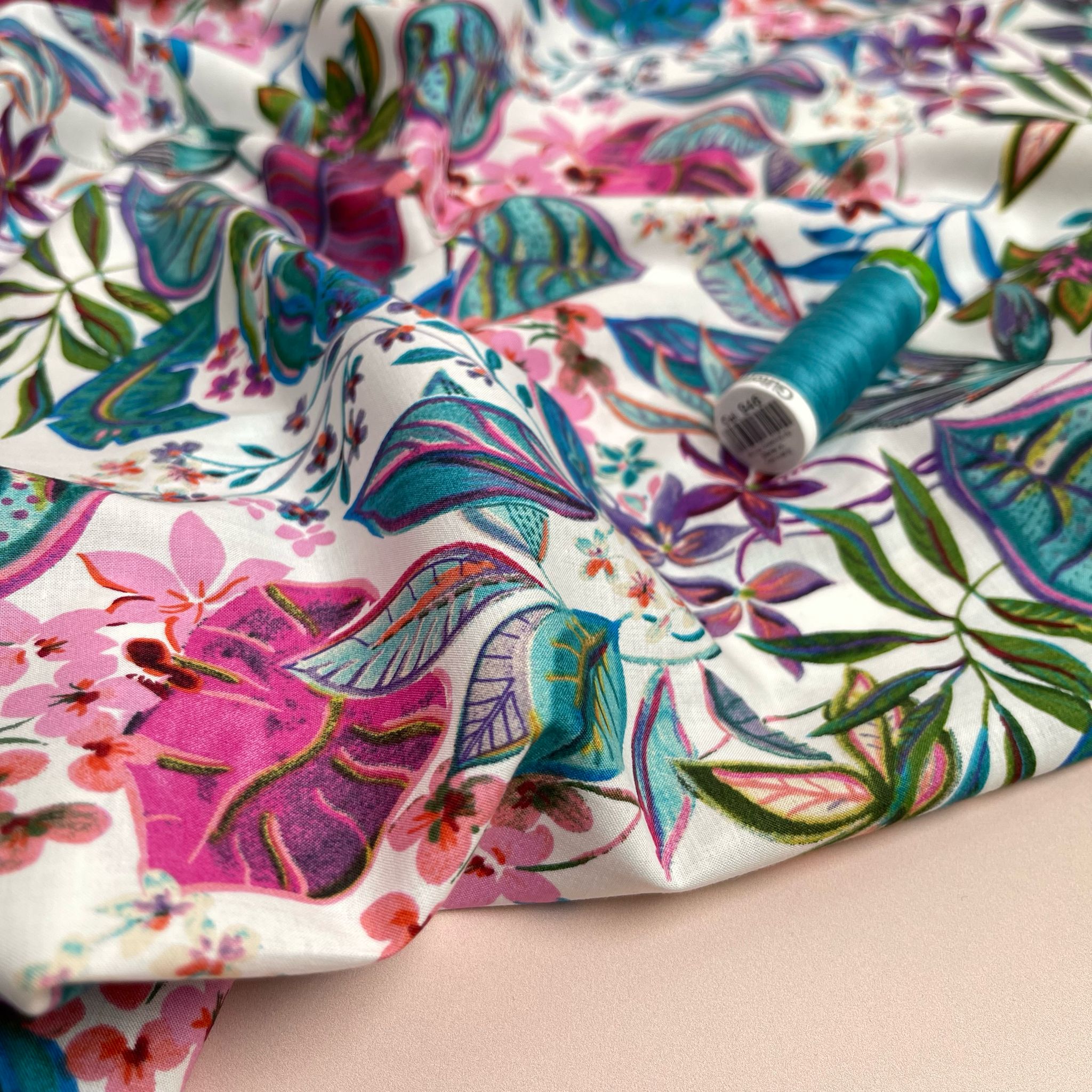 Tropical Foliage in Teal and Pink Cotton Lawn Fabric