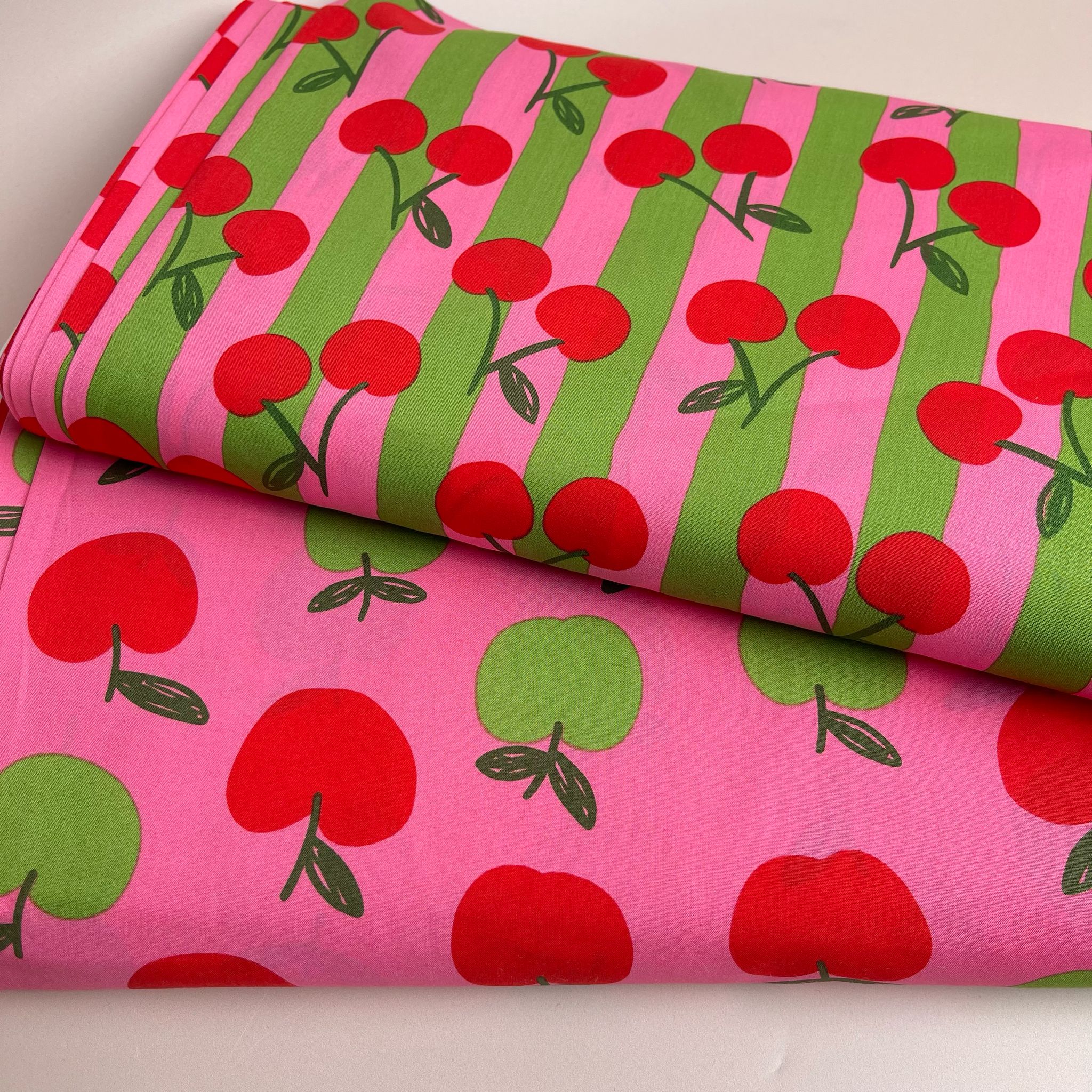Funky Cherry Stripes on Pink Cotton Poplin Fabric