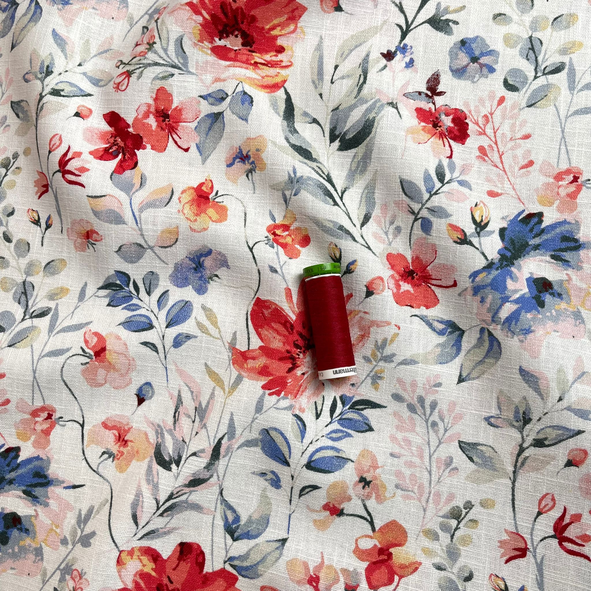 REMNANT 1.13 Metres - Red Flowers on White Linen Cotton Blend Fabric