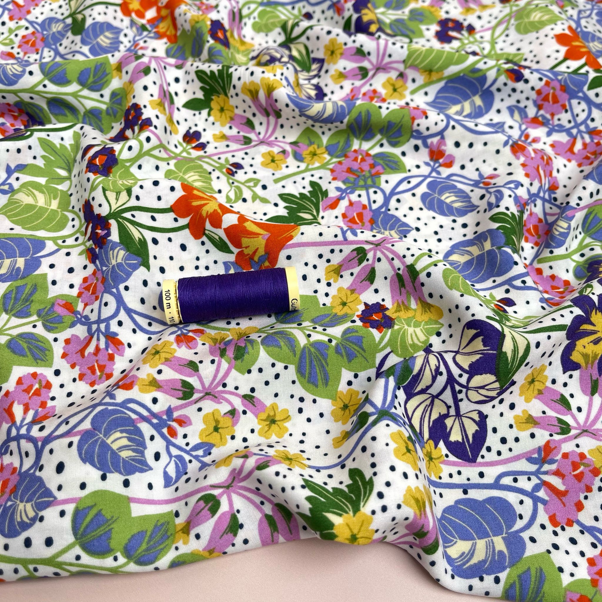 Tropical Foliage on White Viscose Fabric