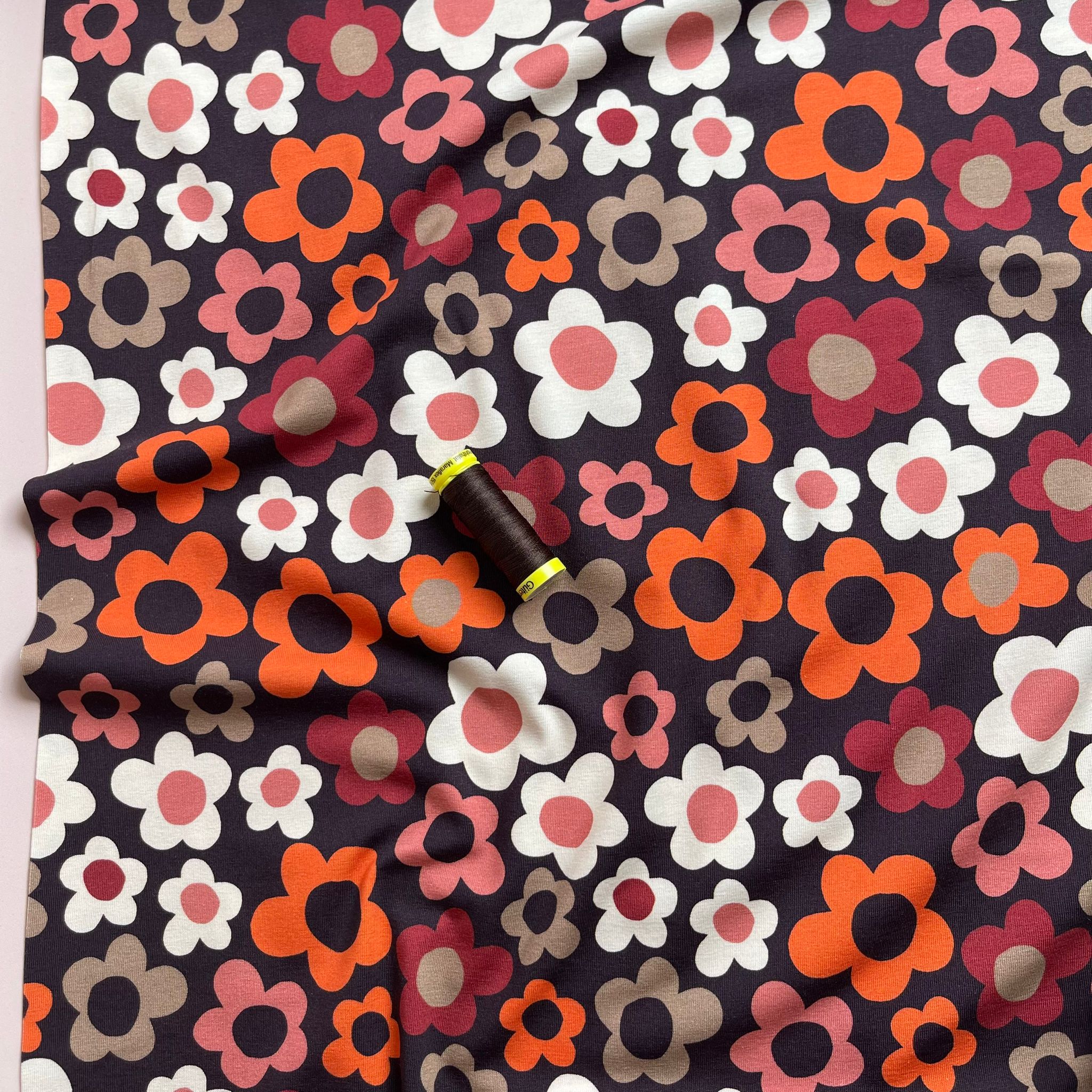Danish Design - Pop Flowers on Brown Cotton Jersey Fabric