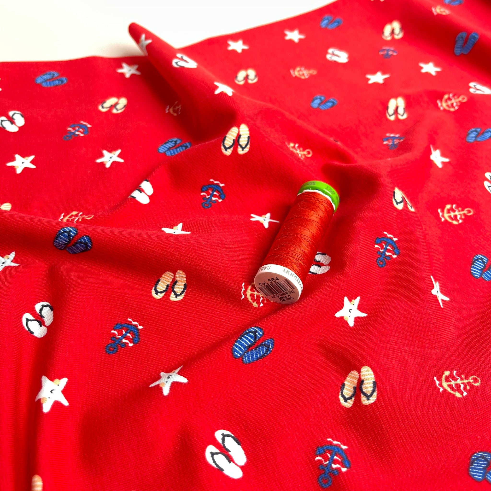 REMNANT 1.75 Metres - At The Beach Red Cotton Jersey Fabric