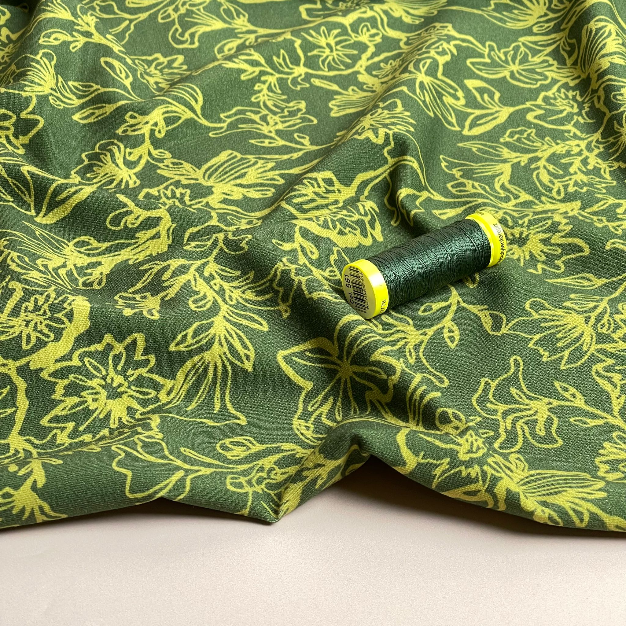 REMNANT 1.62 Metres - Danish Design - Lime Flowers on Green Cotton Jersey Fabric