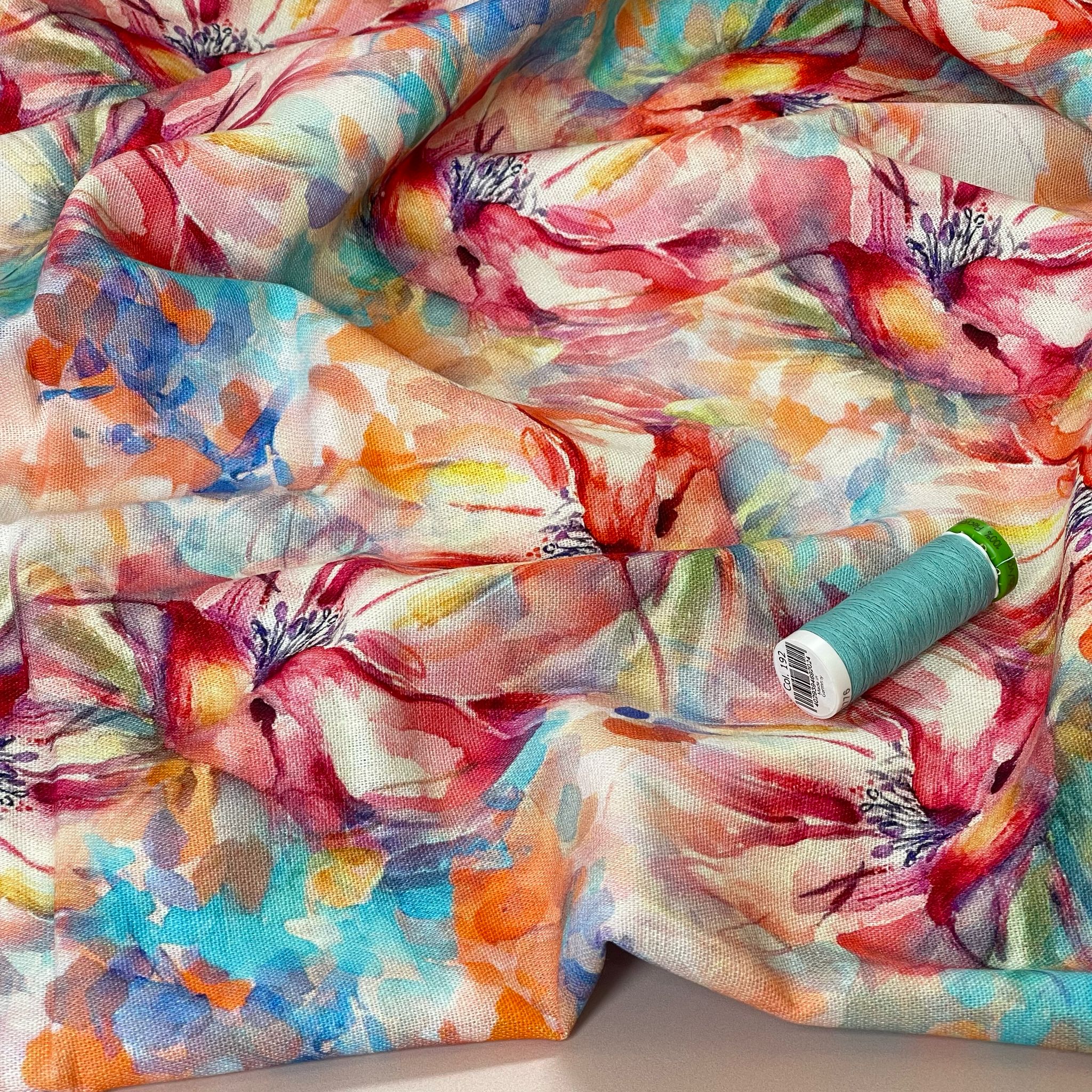 Watercolour Lily Bouquet Viscose Linen Fabric