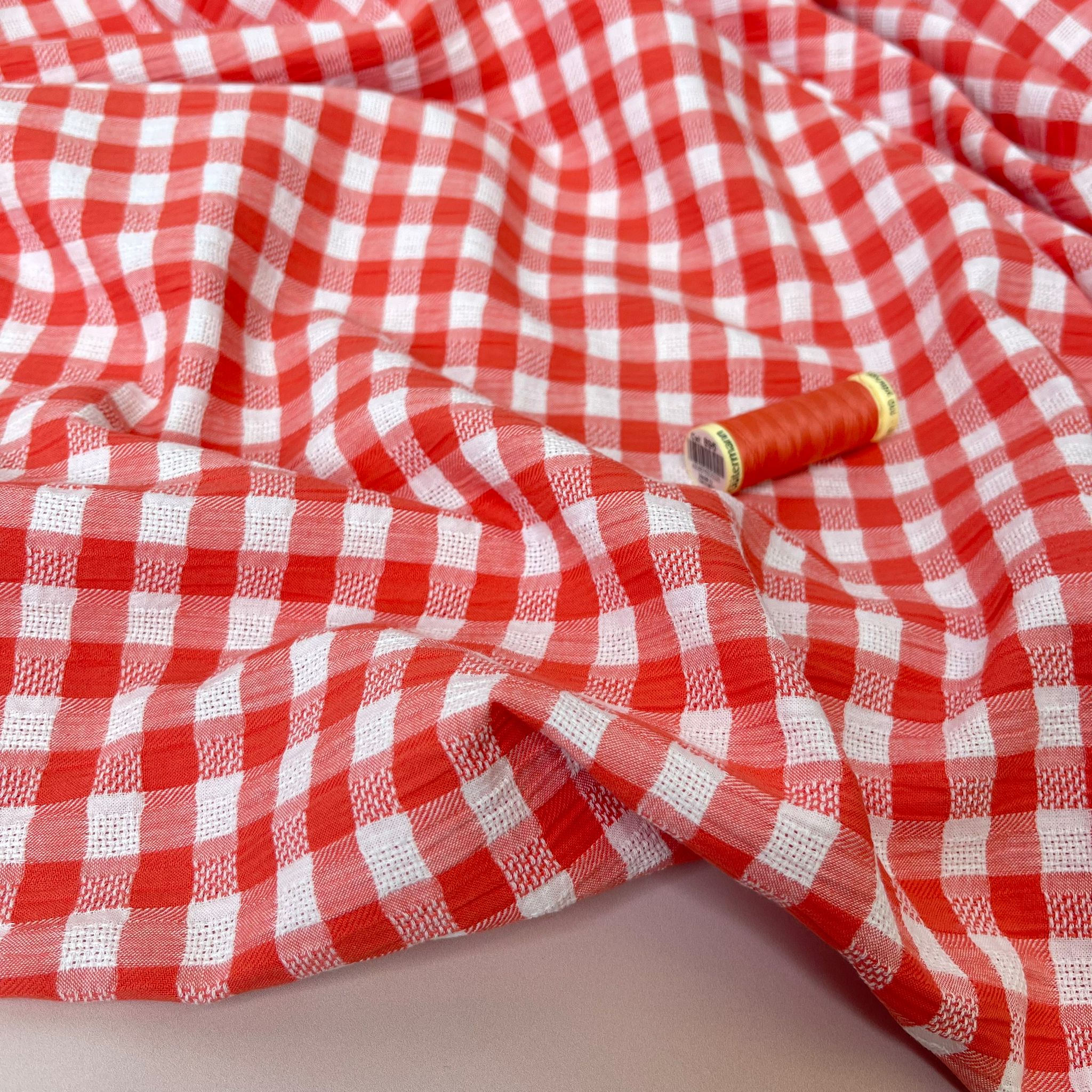Coral Reef Gingham Cotton Seersucker Fabric