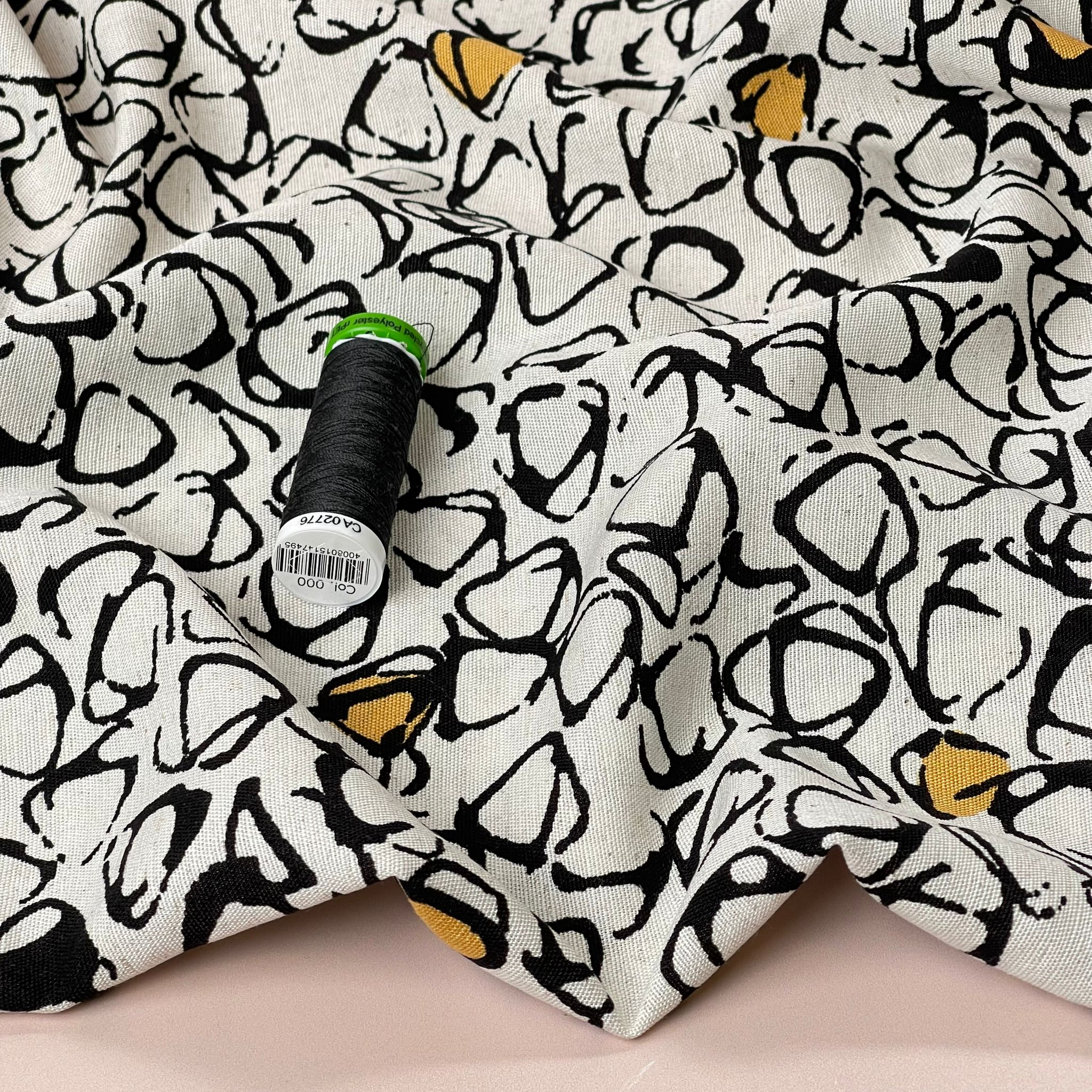 REMNANT 0.75 Metre - Sketched Pebbles Neutral and Mustard Viscose Linen Fabric