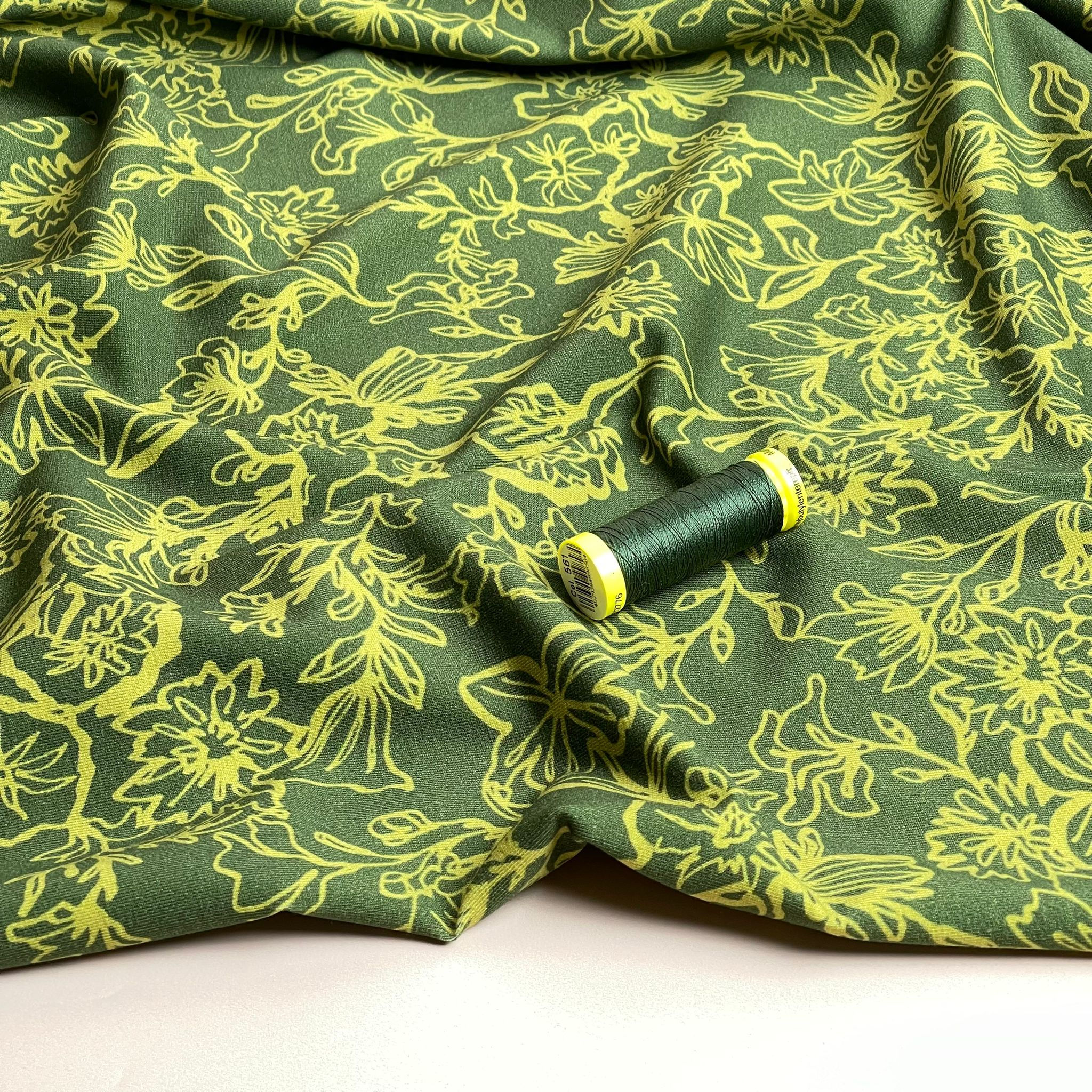 REMNANT 1.62 Metres - Danish Design - Lime Flowers on Green Cotton Jersey Fabric