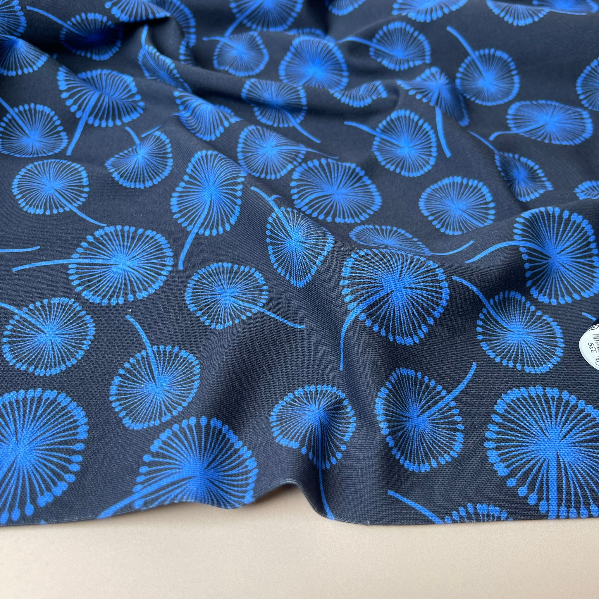 Danish Design - Cobalt Dandelions on Navy Cotton Jersey Fabric