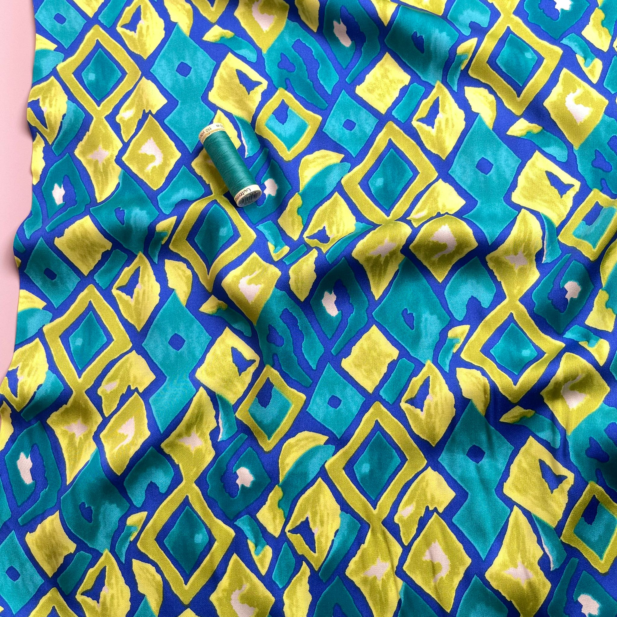 REMNANT 0.43 Metre - Painted Ocean Waves Diamonds Viscose Sateen Fabric