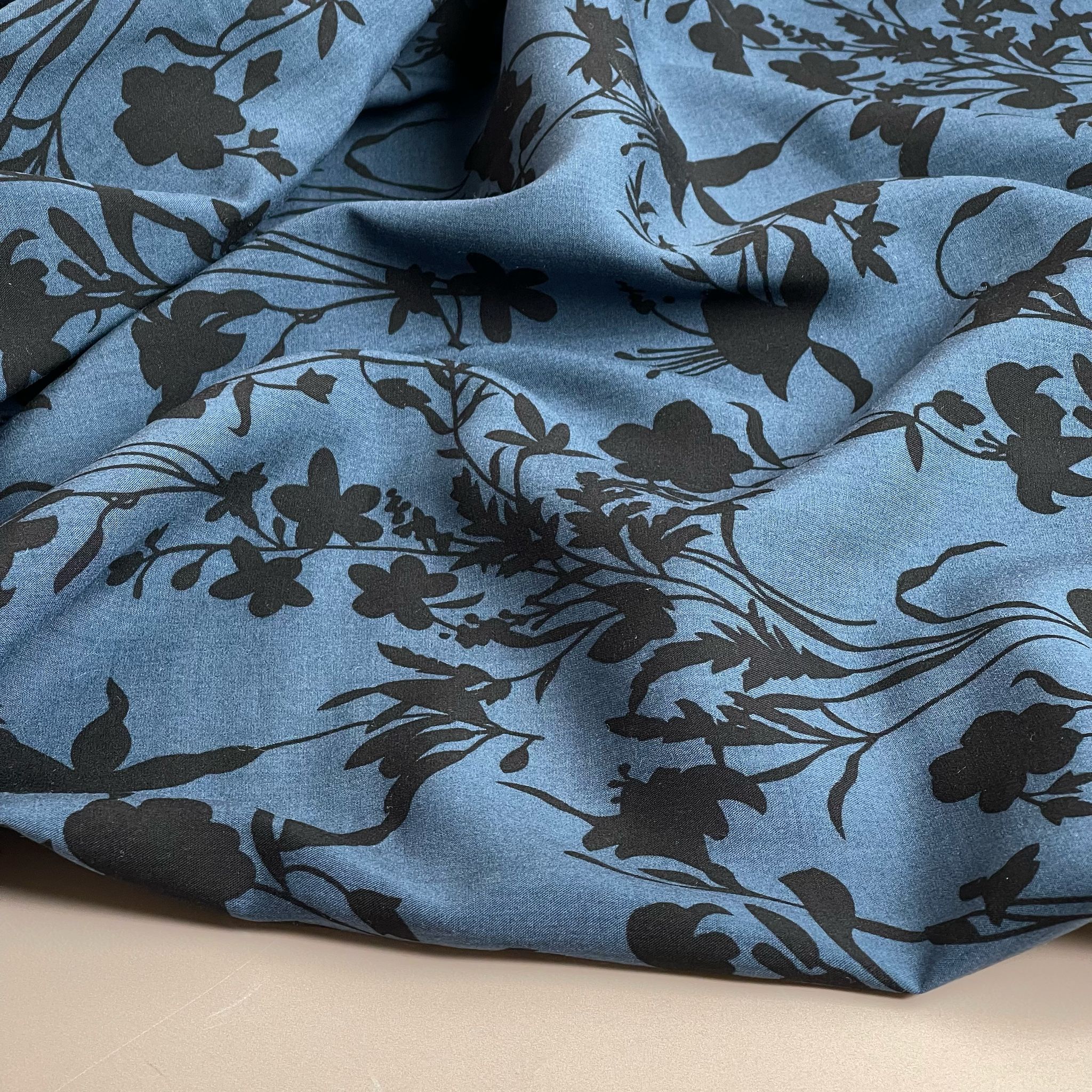 REMNANT 0.8 metres (some washable marks) Floral Shadows on Midnight Blue Viscose Fabric