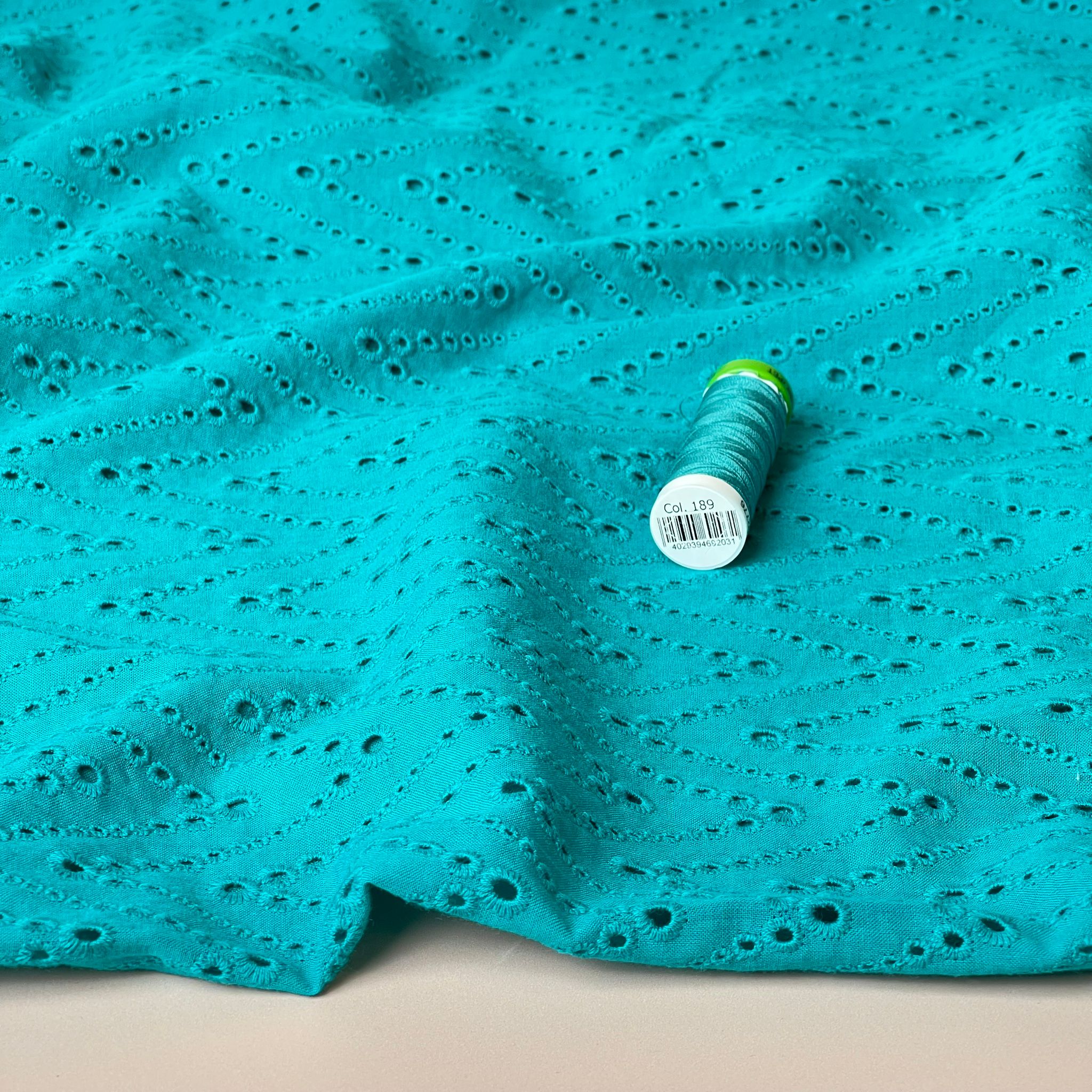 Embroidered Zig-Zags on Turquoise Cotton Broderie Anglaise Fabric