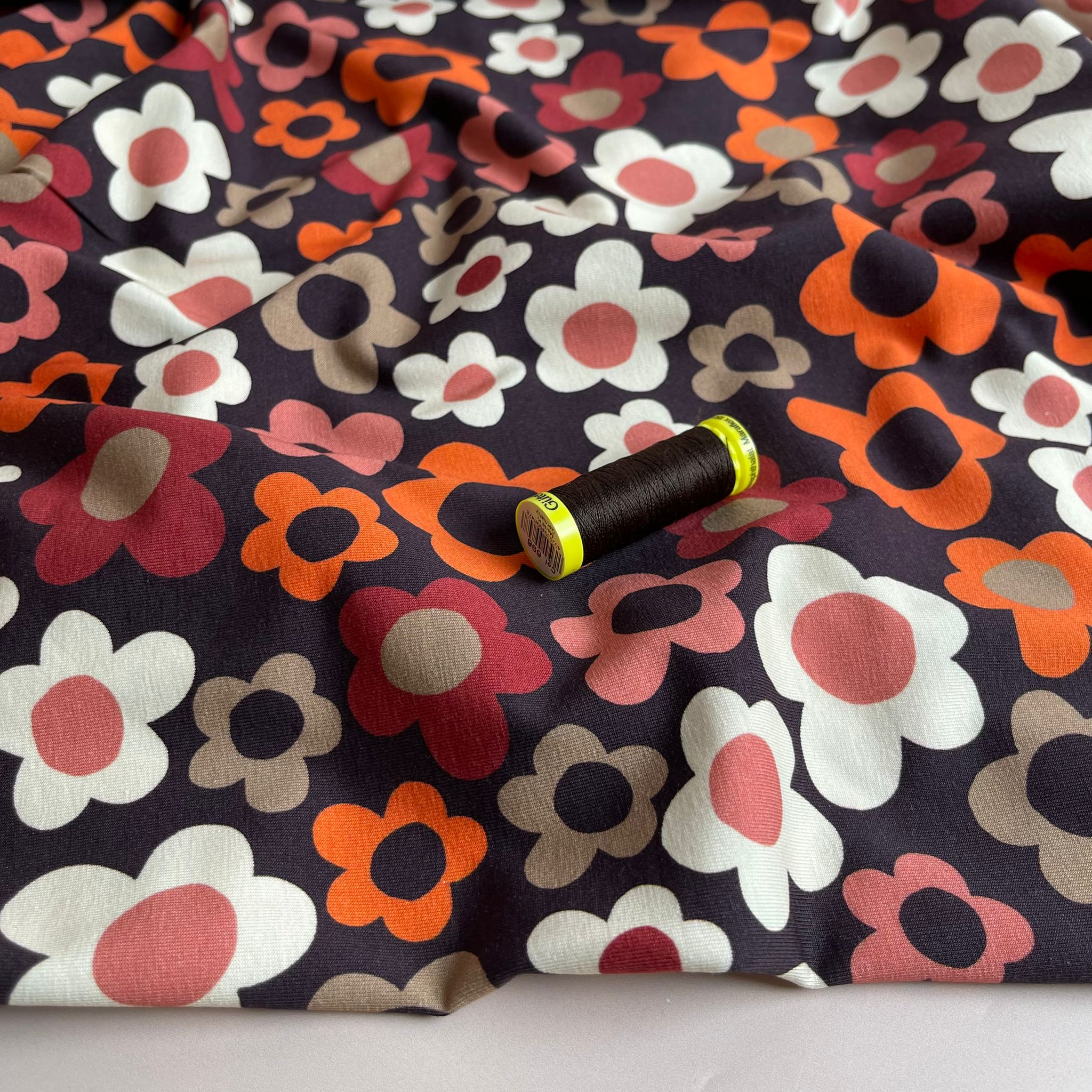 Danish Design - Pop Flowers on Brown Cotton Jersey Fabric