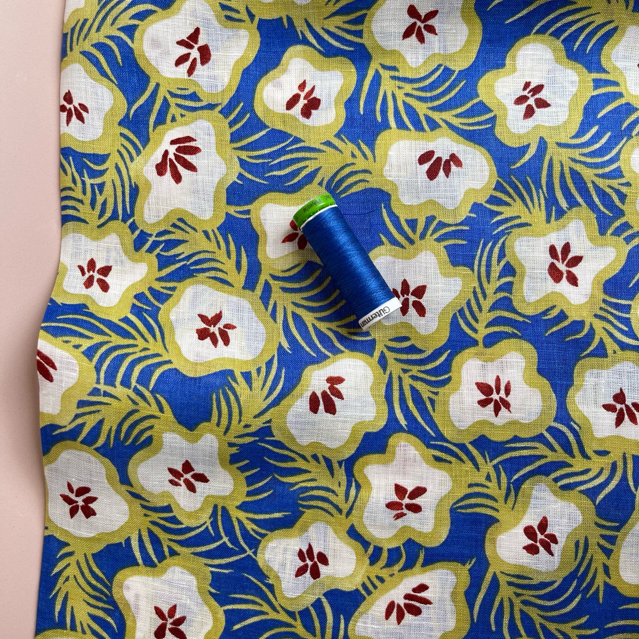 Ex-Designer Deadstock Tropical Fruits on Cobalt Pure Linen Fabric