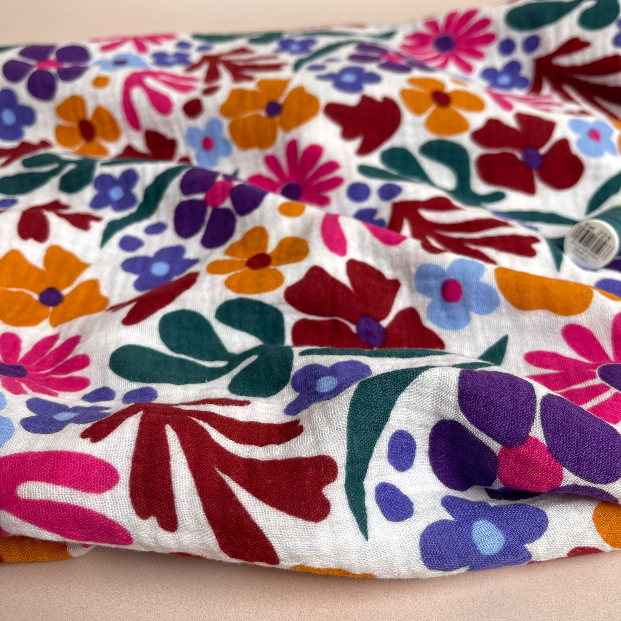 Joyful Flowers on White Cotton Double Gauze