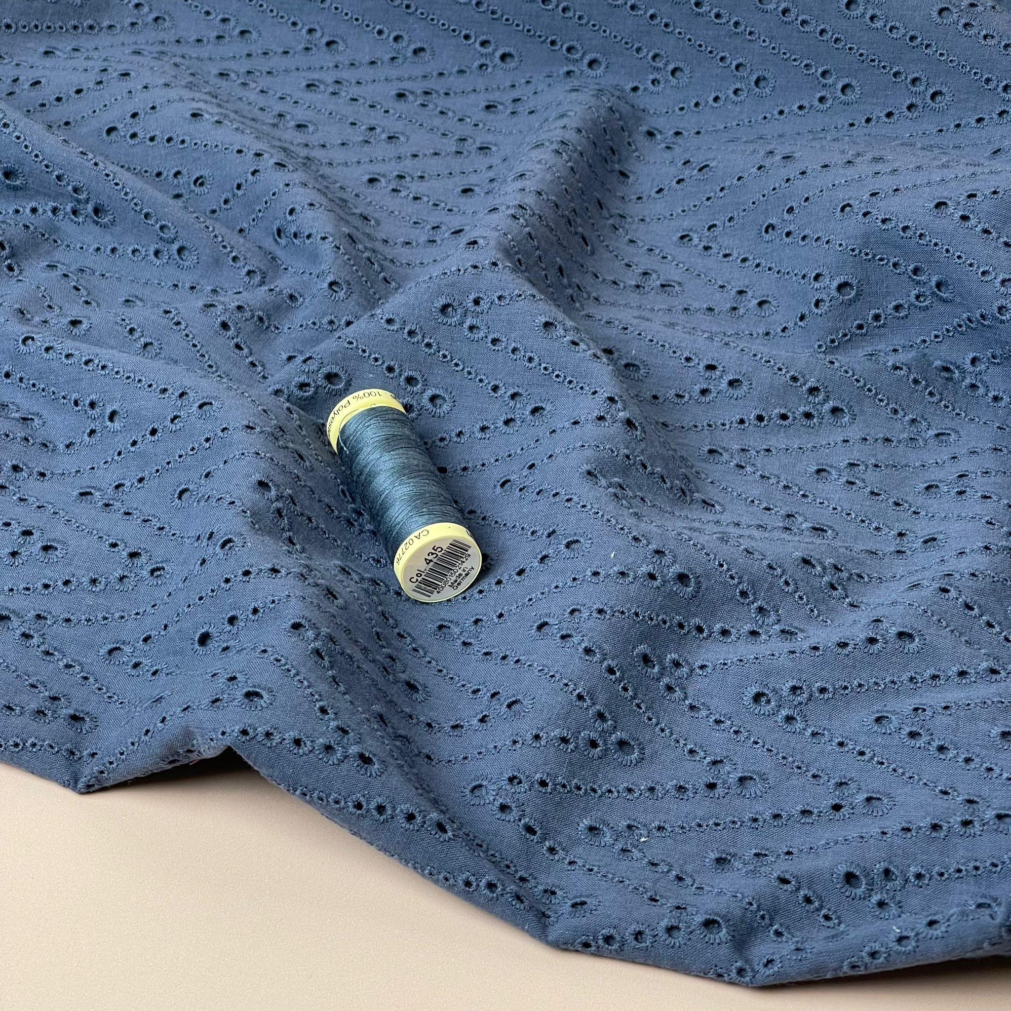 Embroidered Zig-Zags on Denim Navy Cotton Broderie Anglaise Fabric