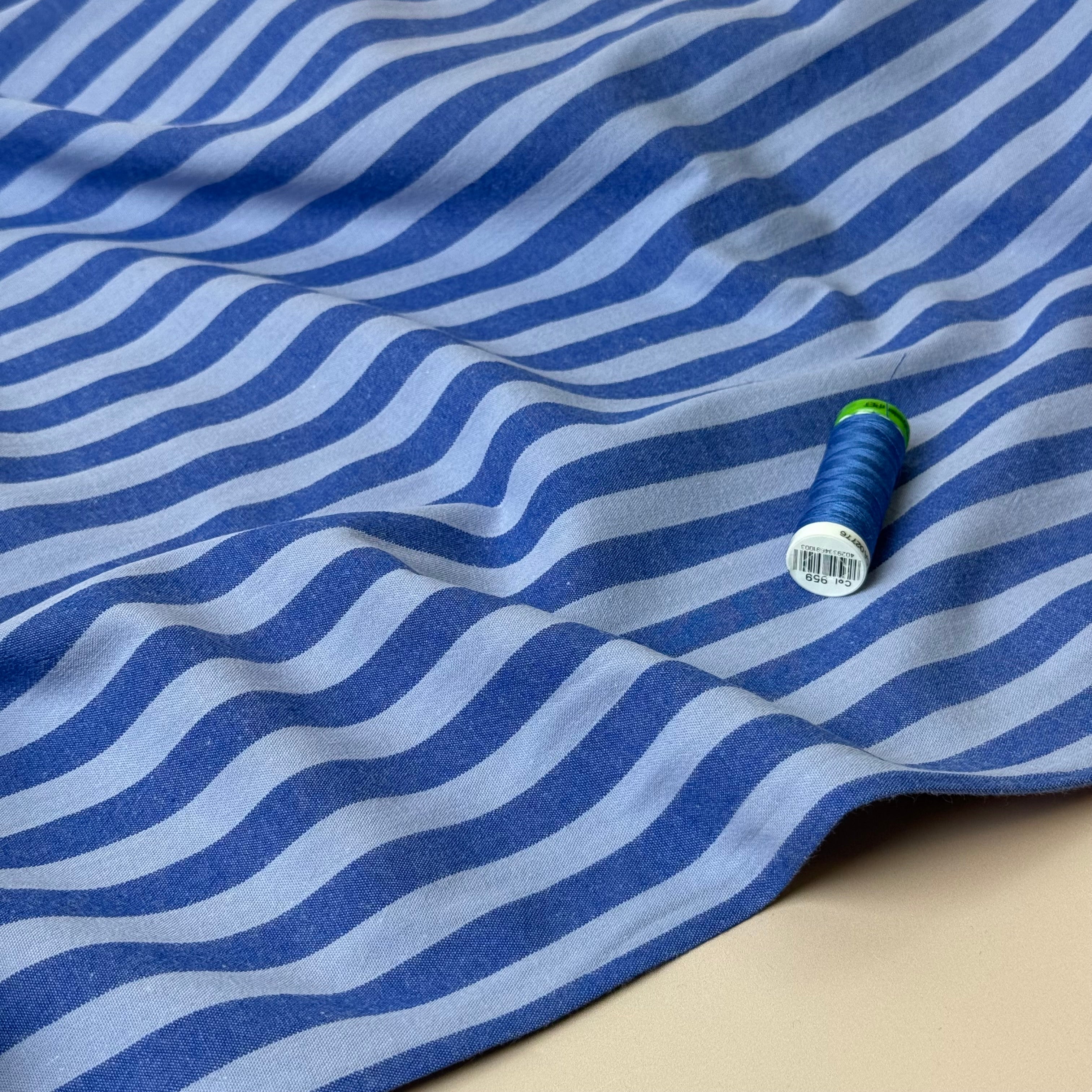 Yarn Dyed Periwinkle Stripes Washed Cotton Fabric